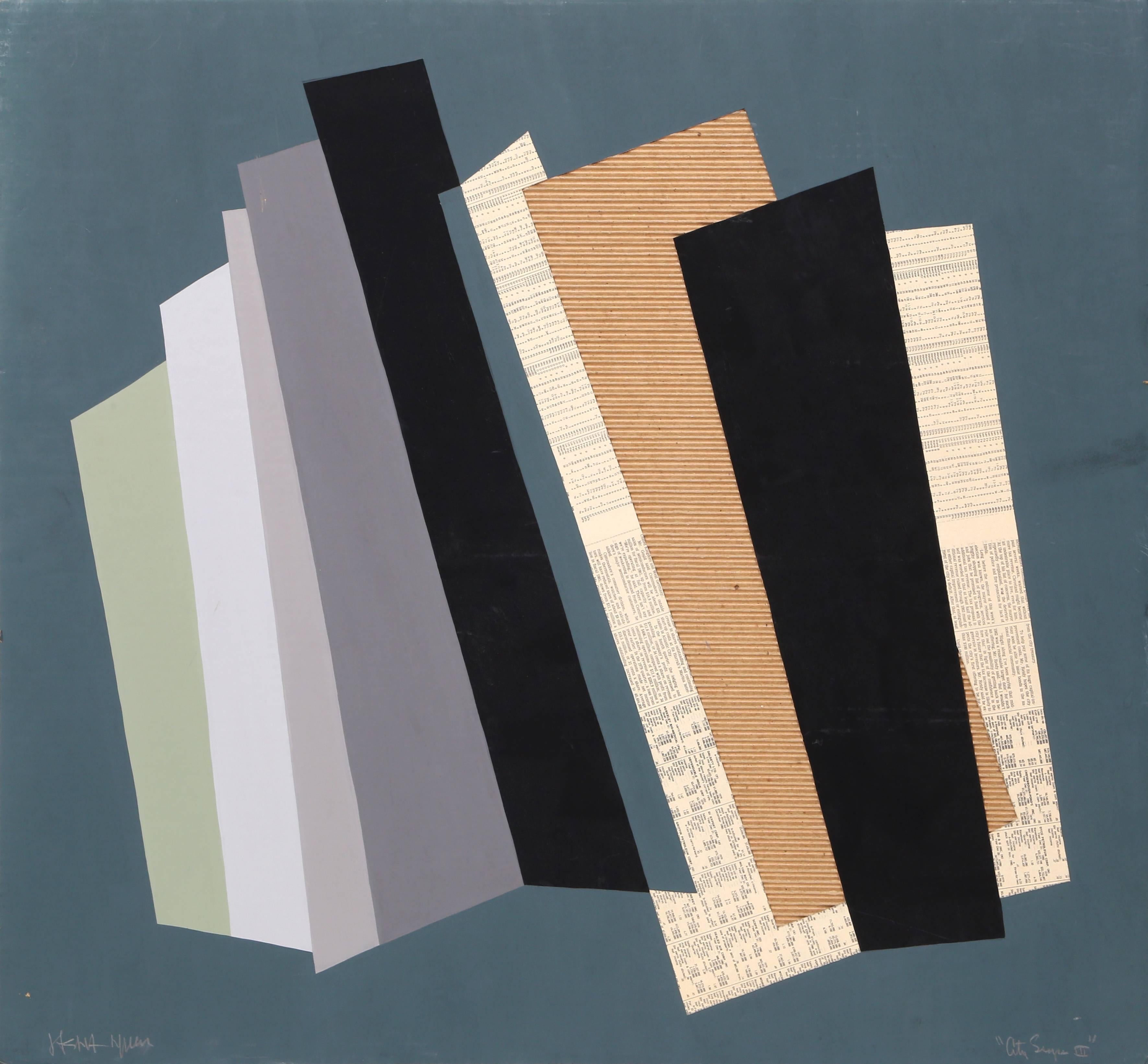Artist: Jasha Green, American (1923 - 2006)
Title: City Scapes III
Year: circa 1981
Medium: Acrylic and collage on cardboard, signed in pencil
Size: 30 x 32 inches