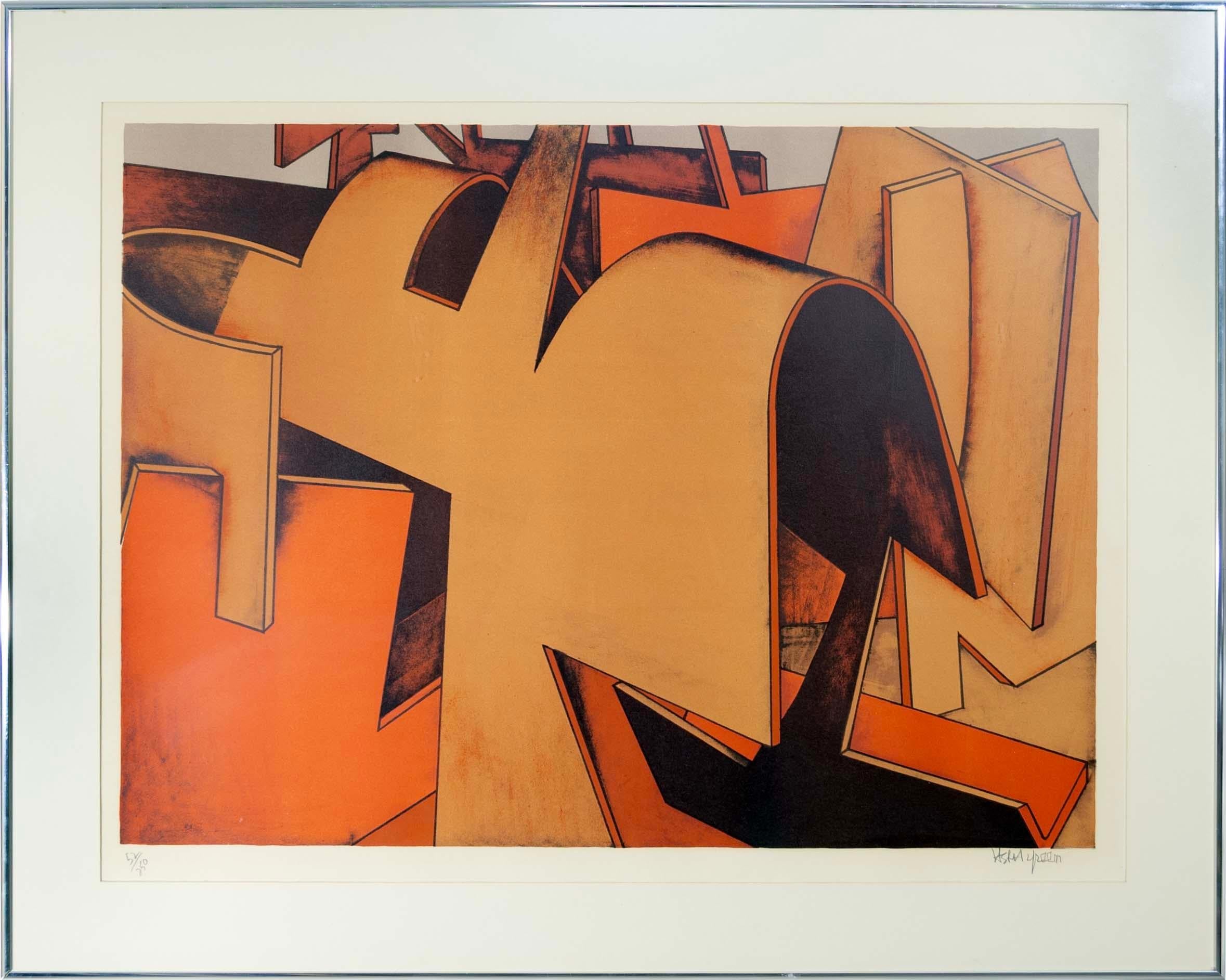 A modern op art lithograph on paper by British-American artist and sculptor Jasha Green (1923-2006). Hand signed in pencil on the bottom right with an annotation of 52/250 on the bottom left. Circa 1970s. Curving geometric shapes in shades of orange
