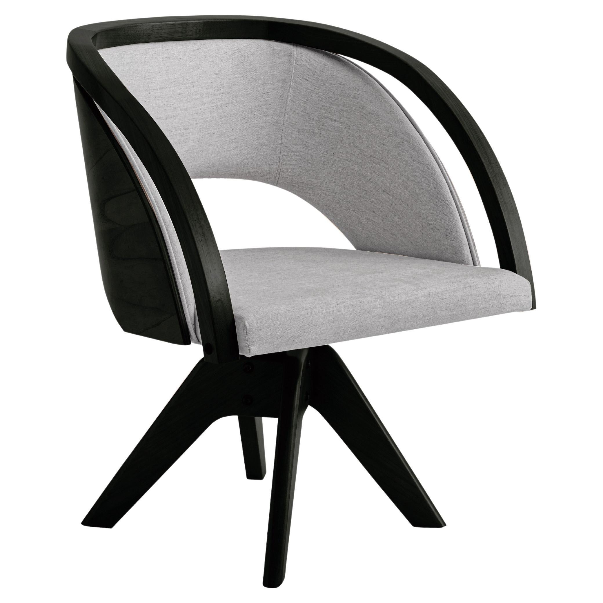 "Jasmin" Swivel Armchair in Black Wood and Linen Fabric For Sale