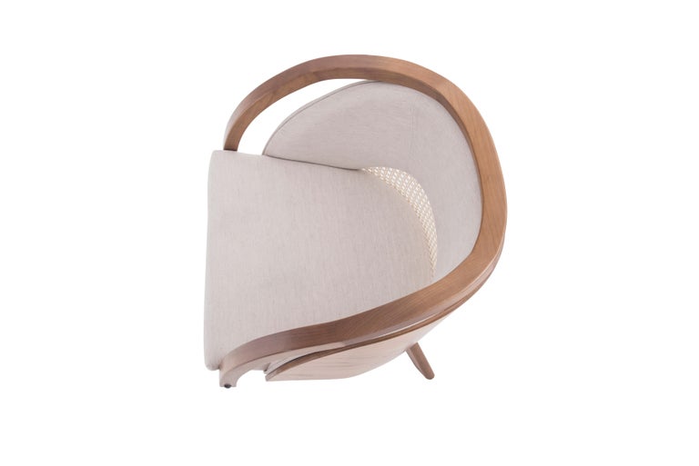 Modern Jasmin Swivel Armchair in Natural Wood Cotton Straw and Linen For Sale