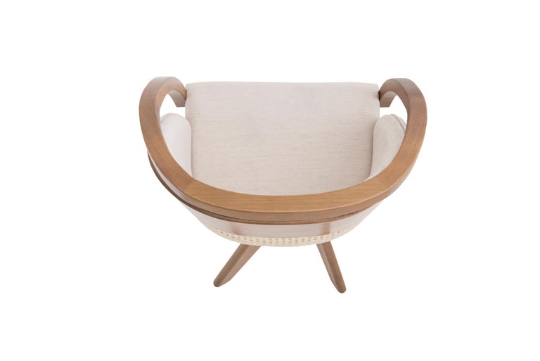 Brazilian Jasmin Swivel Armchair in Natural Wood Cotton Straw and Linen For Sale