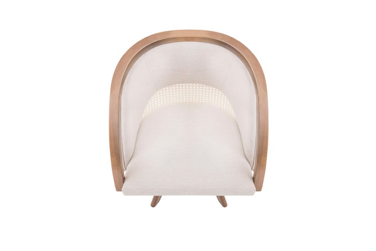 Hand-Crafted Jasmin Swivel Armchair in Natural Wood Cotton Straw and Linen For Sale