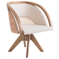 Fauteuil pivotant "Jasmin" en bois naturel, paille de coton et tissu de lin