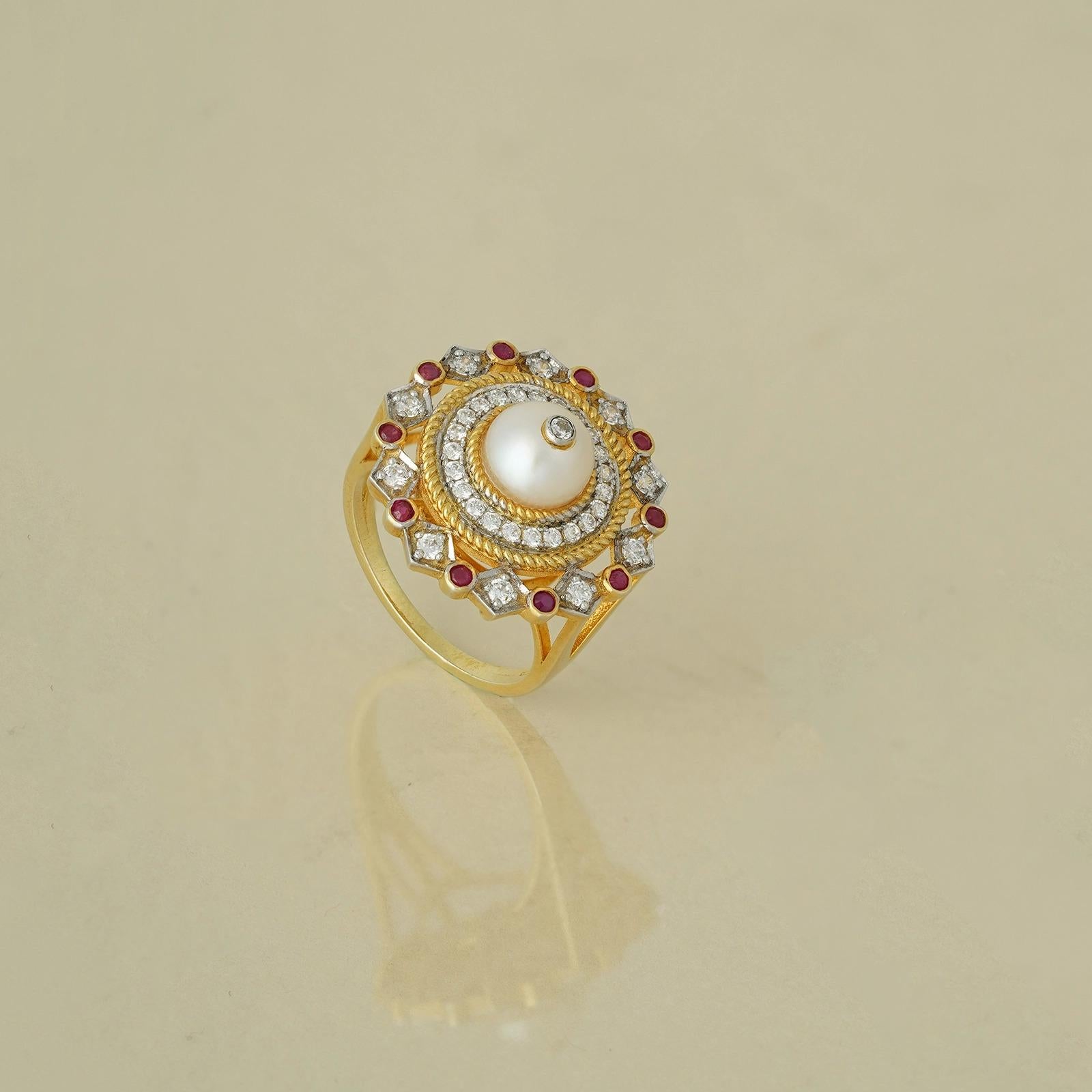 For Sale:  Jasmine Gold Diamond Ruby and Pearl Cocktail Ring 3