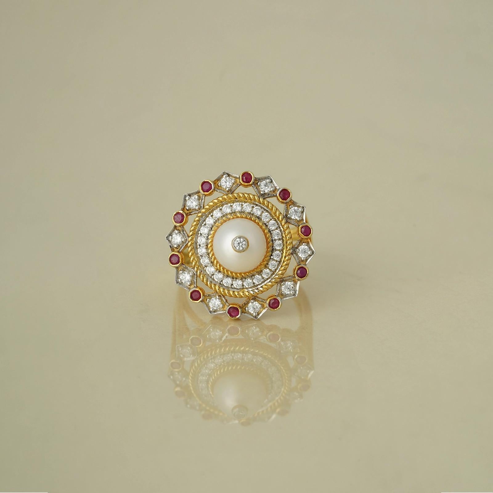 For Sale:  Jasmine Gold Diamond Ruby and Pearl Cocktail Ring 4