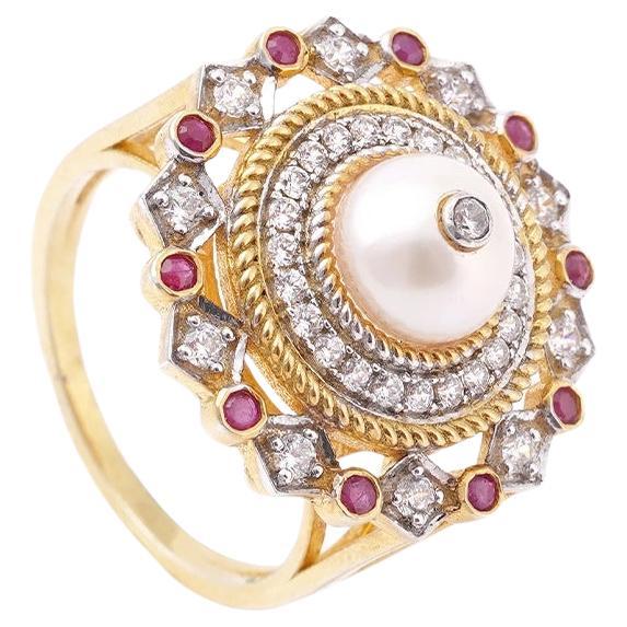 Jasmine Gold Diamond Ruby and Pearl Cocktail Ring