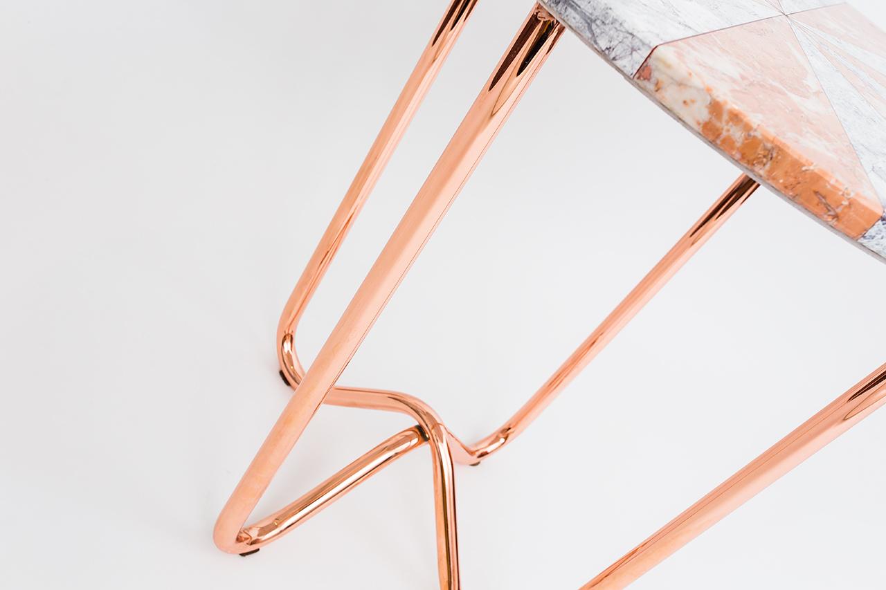 Turkish Jasmine Pizza Side Table by Merve Kahraman, Rose & Gray Marble Copper Legs For Sale