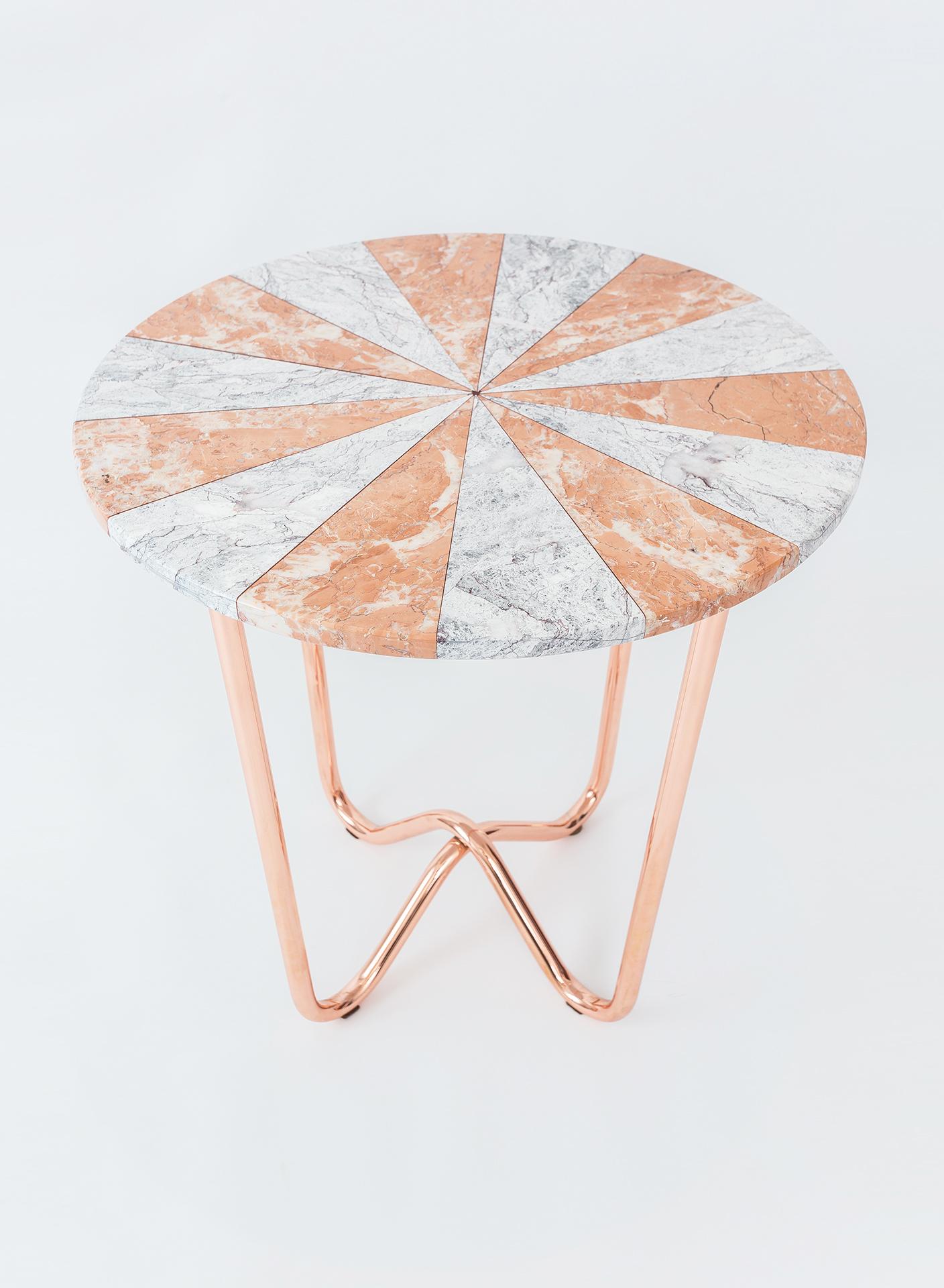Polished Jasmine Pizza Side Table by Merve Kahraman, Rose & Gray Marble Copper Legs For Sale
