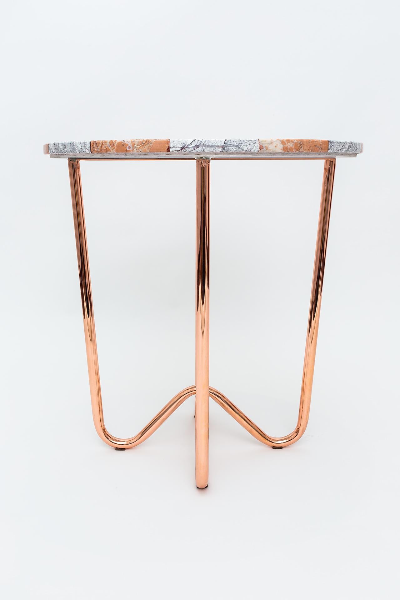 Jasmine Pizza Side Table by Merve Kahraman, Rose & Gray Marble Copper Legs In New Condition For Sale In New York, NY