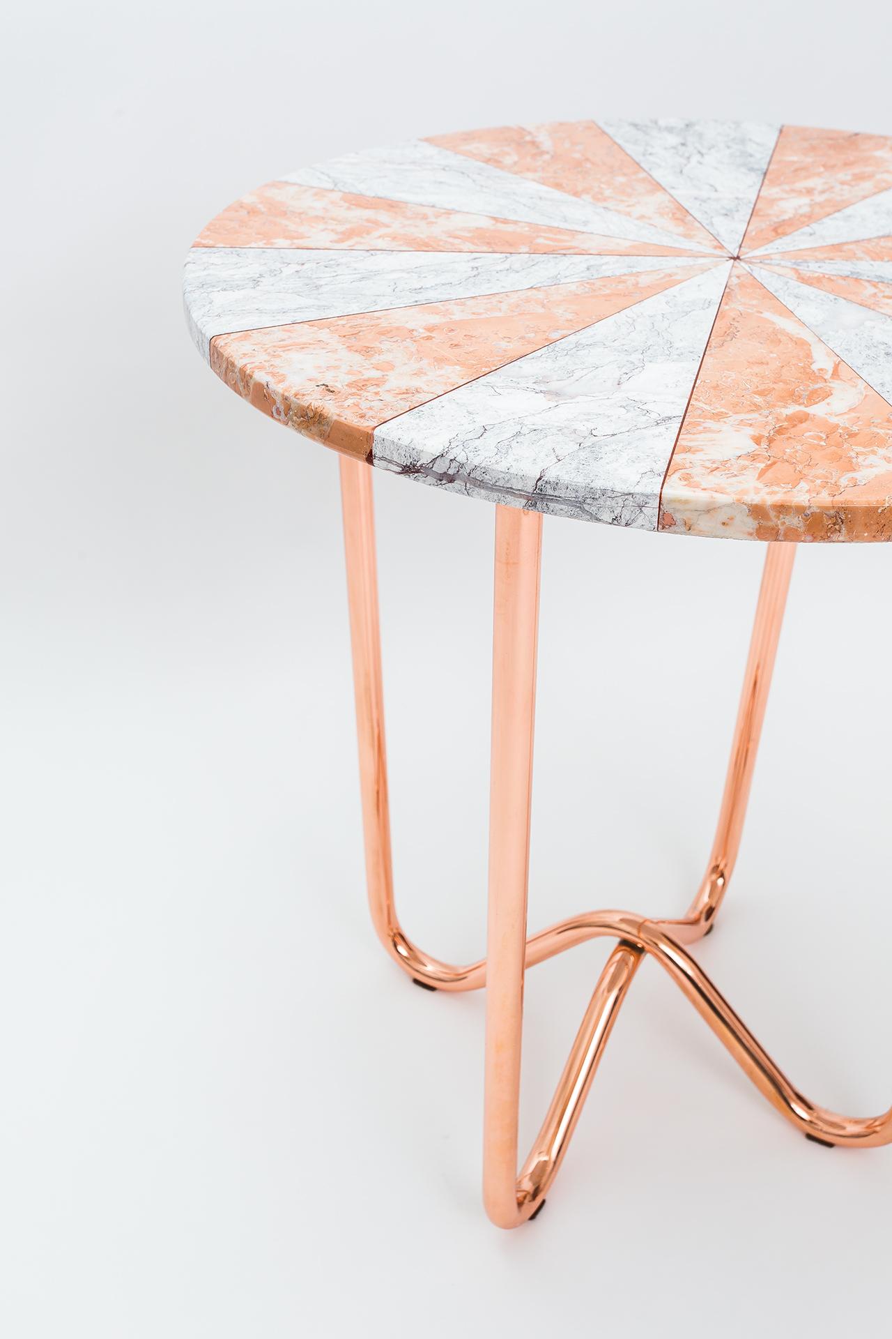 Contemporary Jasmine Pizza Side Table by Merve Kahraman, Rose & Gray Marble Copper Legs For Sale