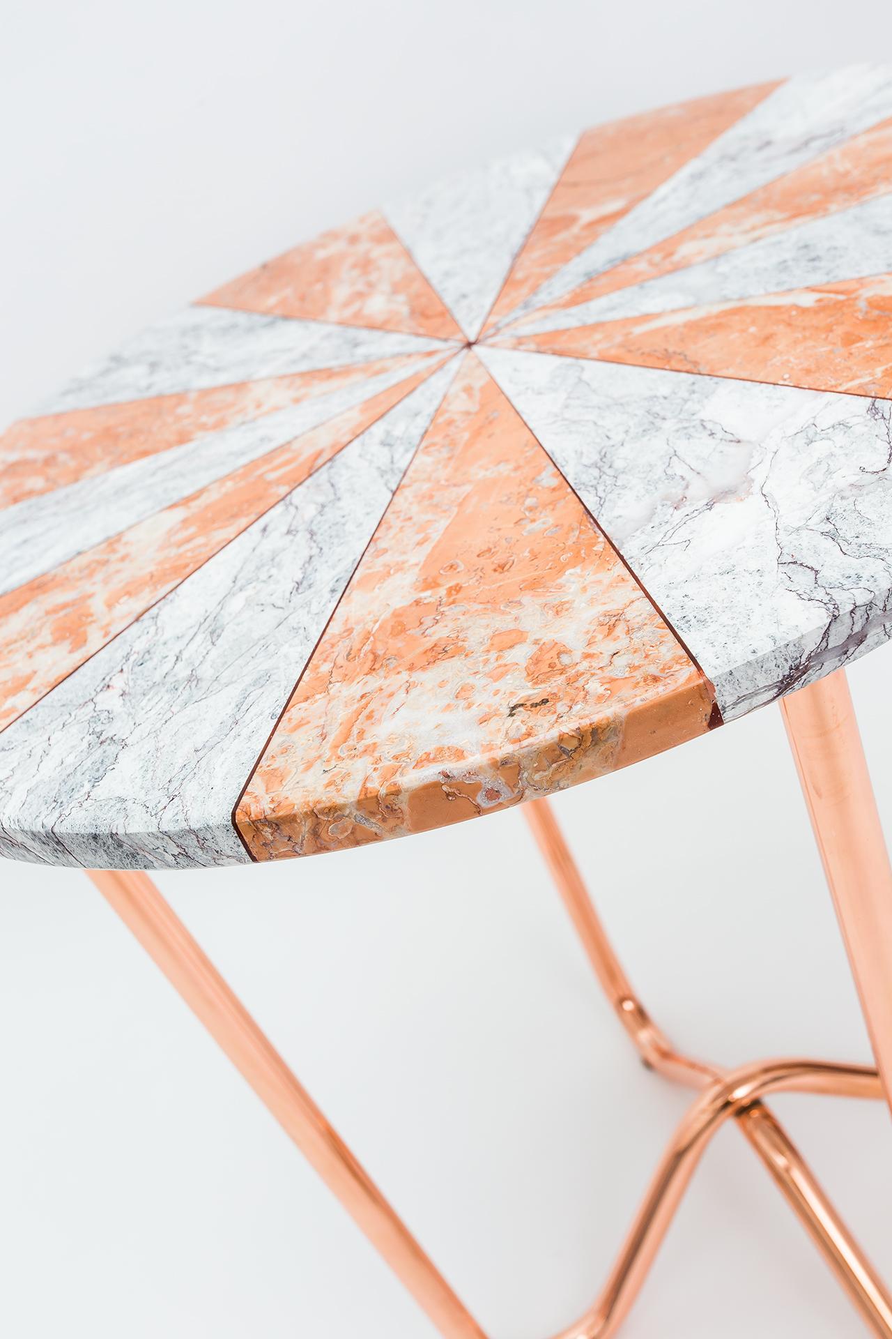 Jasmine Pizza Side Table by Merve Kahraman, Rose & Gray Marble Copper Legs For Sale 1