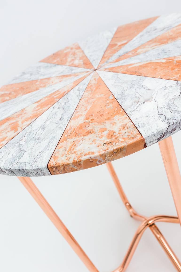 Modern Jasmine Pizza Side Table End Table in Pink Marble and White Marble, Copper Base For Sale