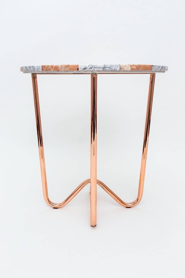 Turkish Jasmine Pizza Side Table End Table in Pink Marble and White Marble, Copper Base For Sale