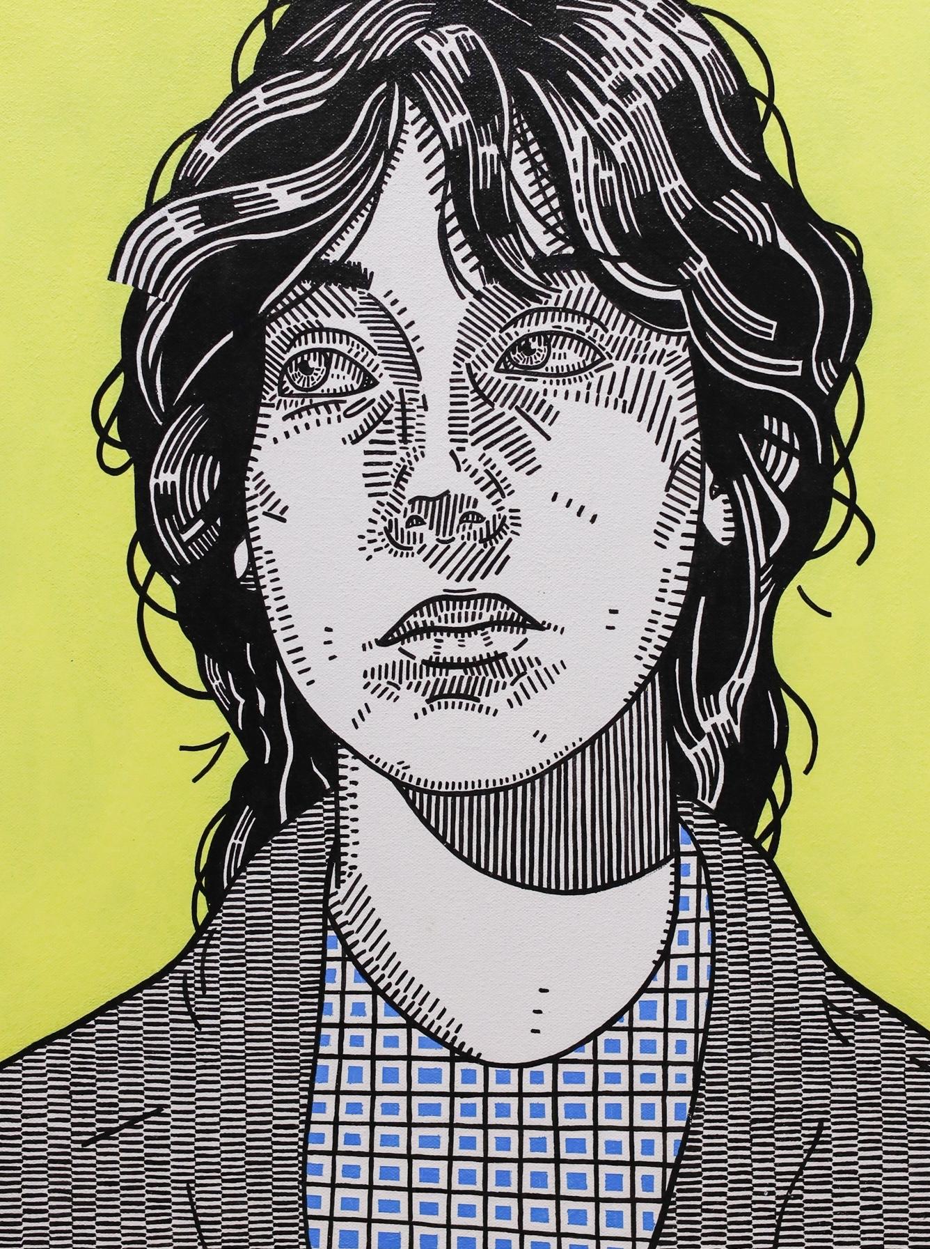 Portrait d'une femme illustré « Overheard » avec hachures croisées sur jaune en vente 4