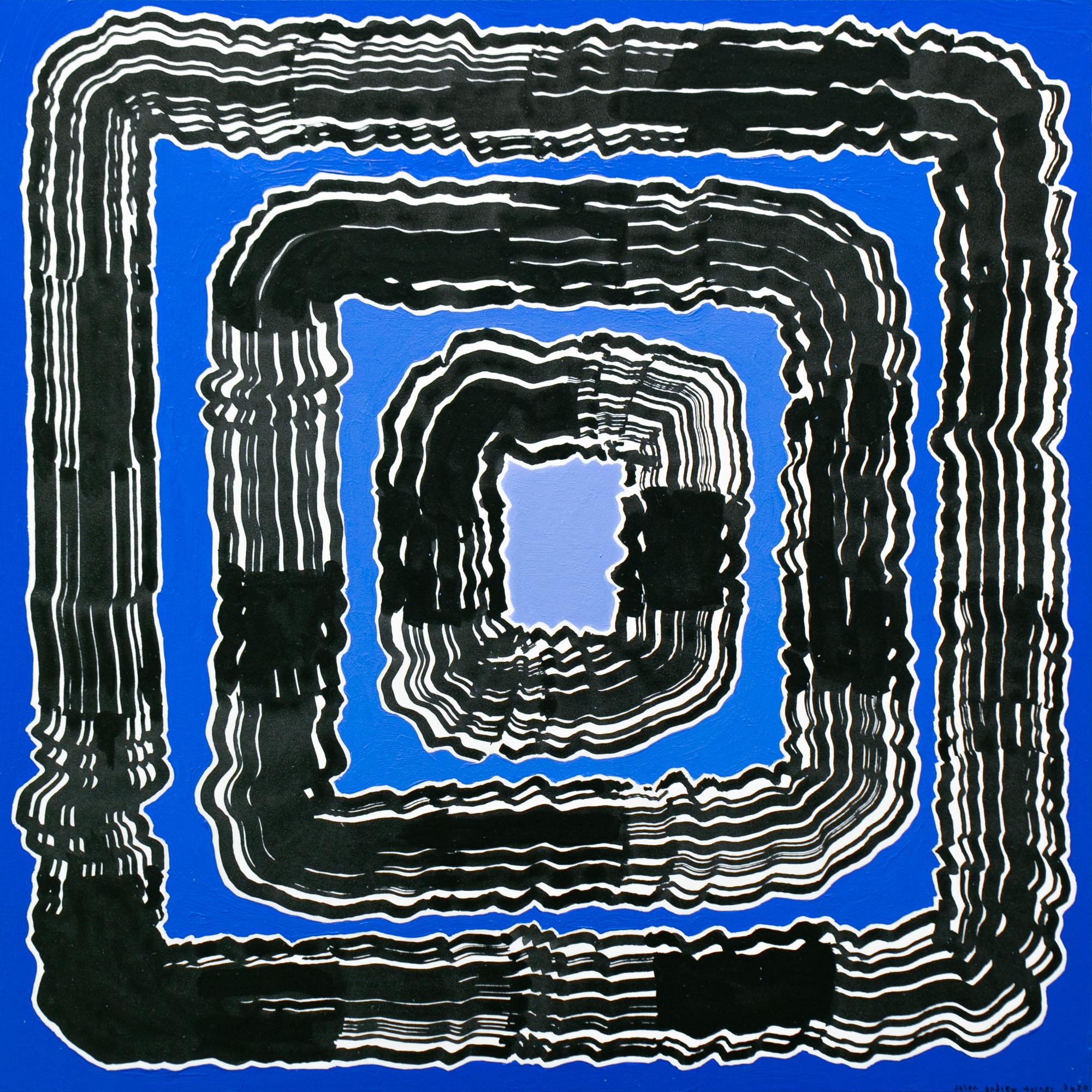 Jason Andrew Turner Abstract Drawing - "Whirl" Sumi Ink and Acrylic on Panel, Blue and Black, Abstract