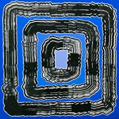 "Whirl" Sumi Ink and Acrylic on Panel, Blue and Black, Abstract