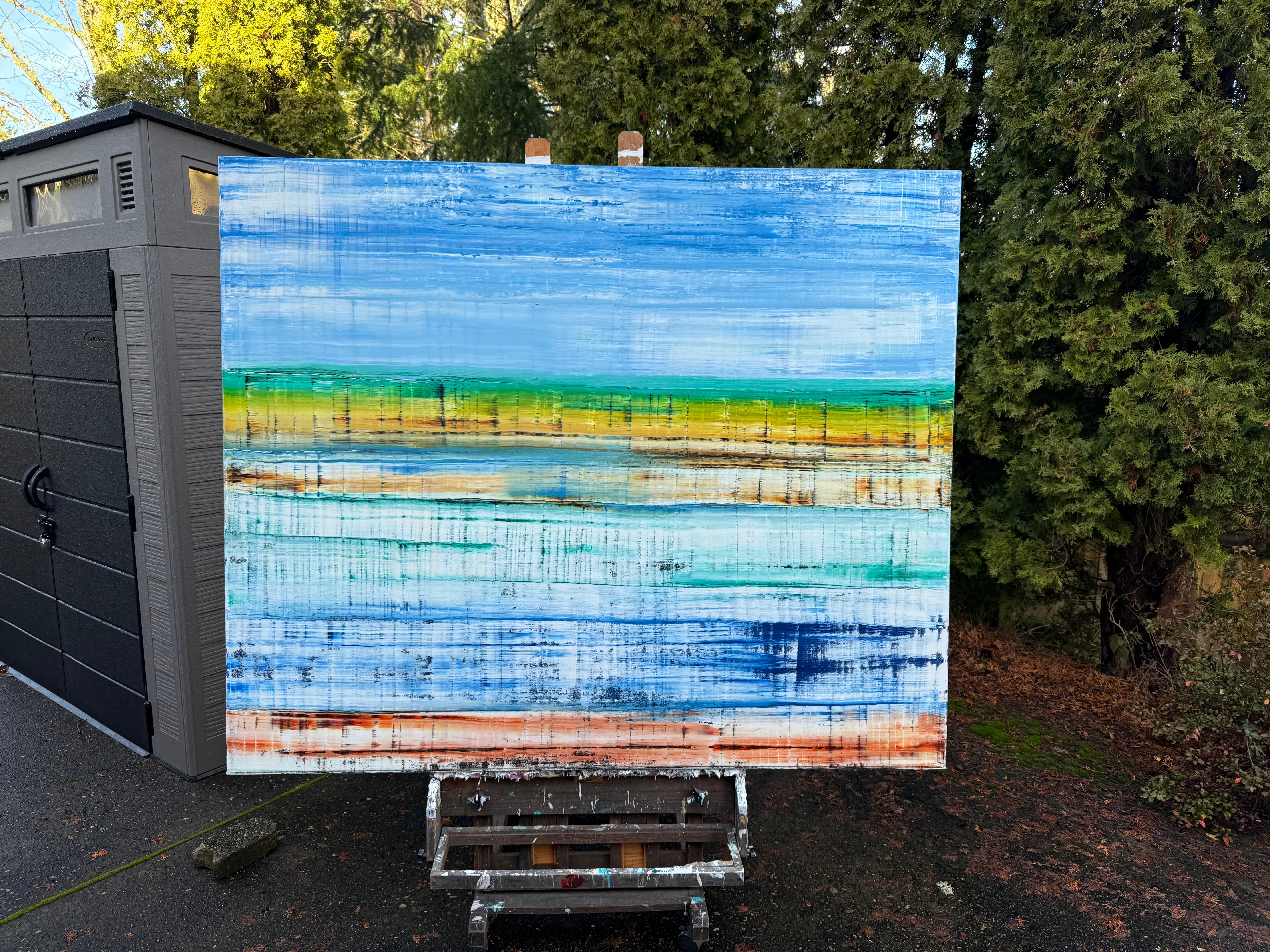 <p>Artist Comments<br />Glaciers recede, transforming the land and forming a cold river. Amidst the thawing ice, verdant life emerges and survives. Artist Jason Astorquia created the piece using trowels and thick layers of paint, balancing tension