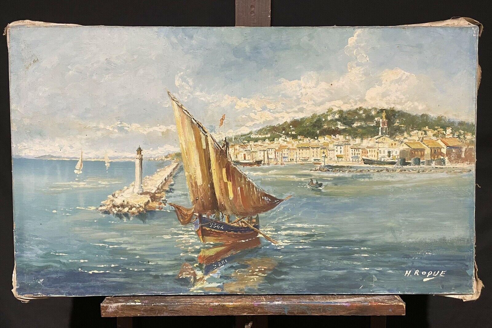 LARGE VINTAGE FRENCH SIGNED OIL - SAILING BOATS ON THE MED FRENCH RIVIERA COAST - Painting by Jason Bentham Dinsdale