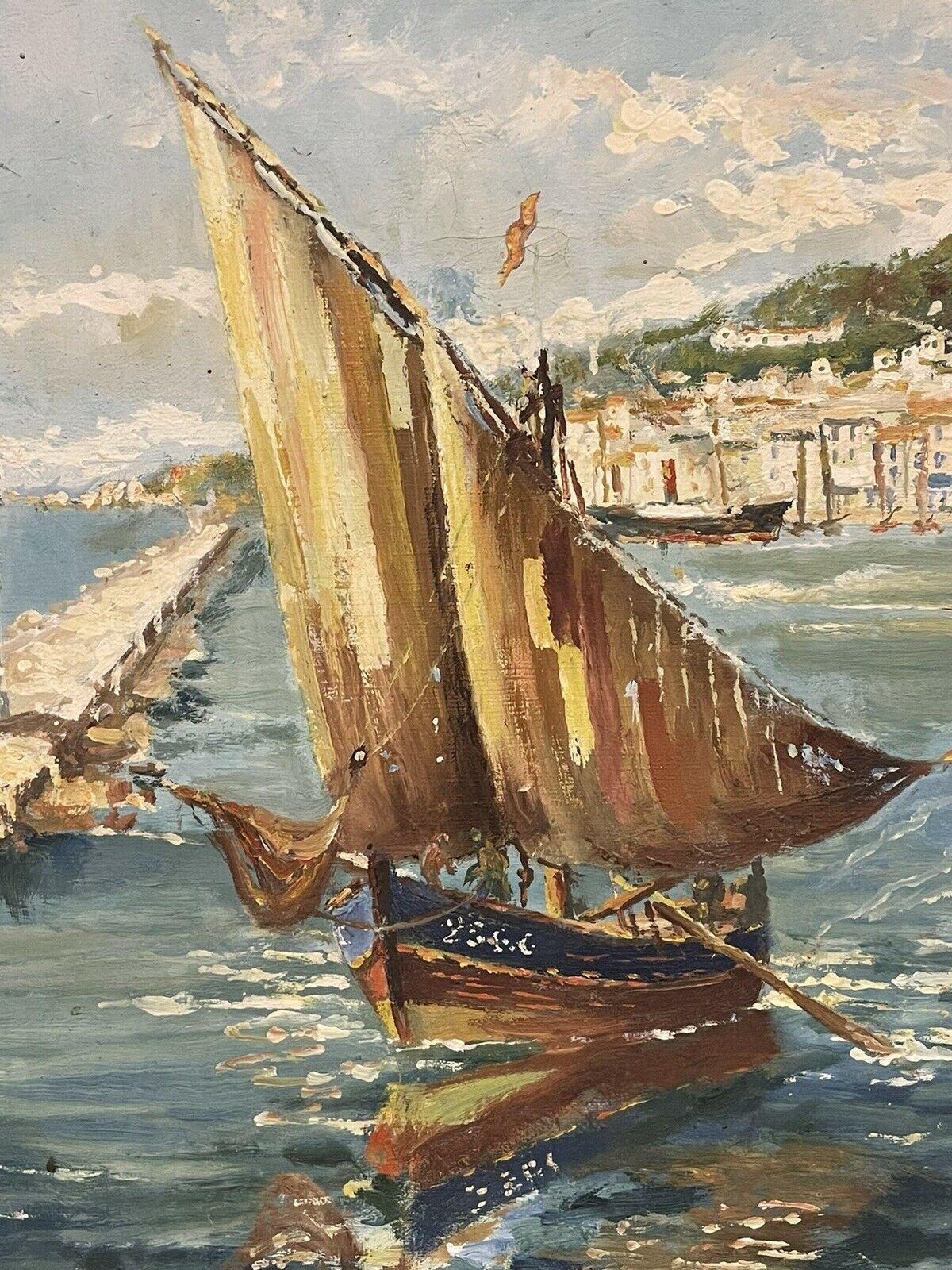 LARGE VINTAGE FRENCH SIGNED OIL - SAILING BOATS ON THE MED FRENCH RIVIERA COAST - Impressionist Painting by Jason Bentham Dinsdale