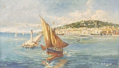 LARGE VINTAGE FRENCH SIGNED OIL - SAILING BOATS ON THE MED FRENCH RIVIERA COAST