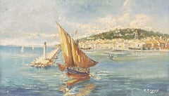 LARGE Vintage FRENCH SIGNED OIL - SAILING BOATS ON THE MED FRENCH RIVIERA COAST