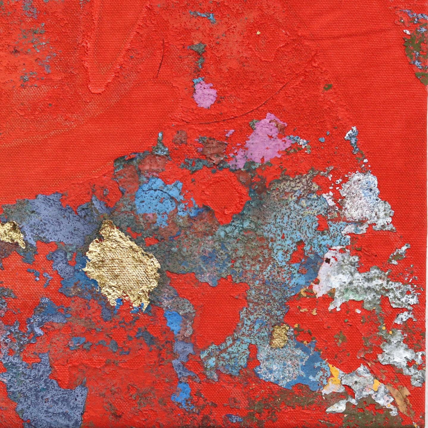 Concrete Sky I - Bold Meditative Gold Leaf Red Painting on Linen Canvas For Sale 4