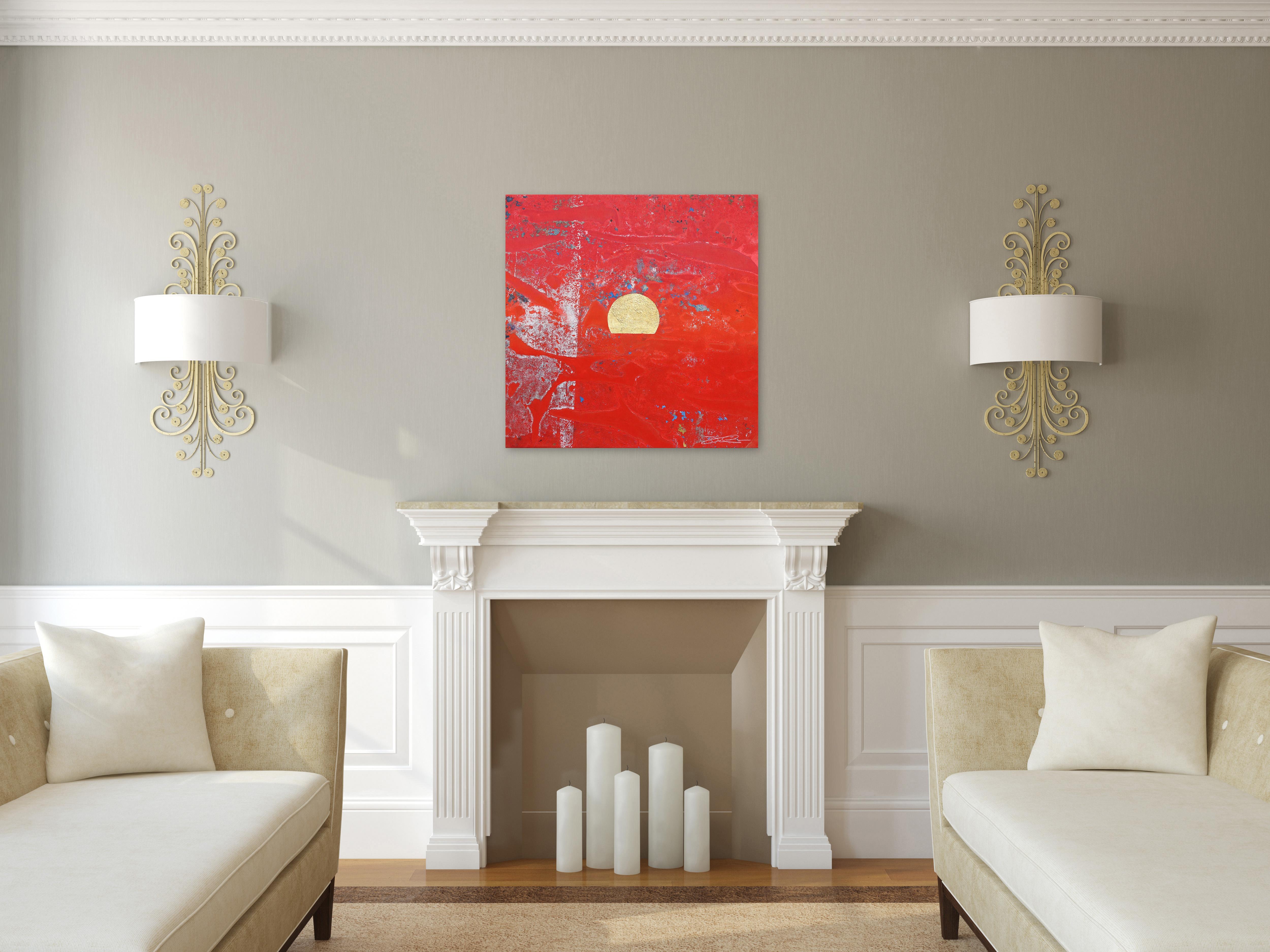 Concrete Sunset 1 - Bold Meditatives rotes Gemälde mit Blattgold auf Leinwand (Abstrakt), Art, von Jason DeMeo