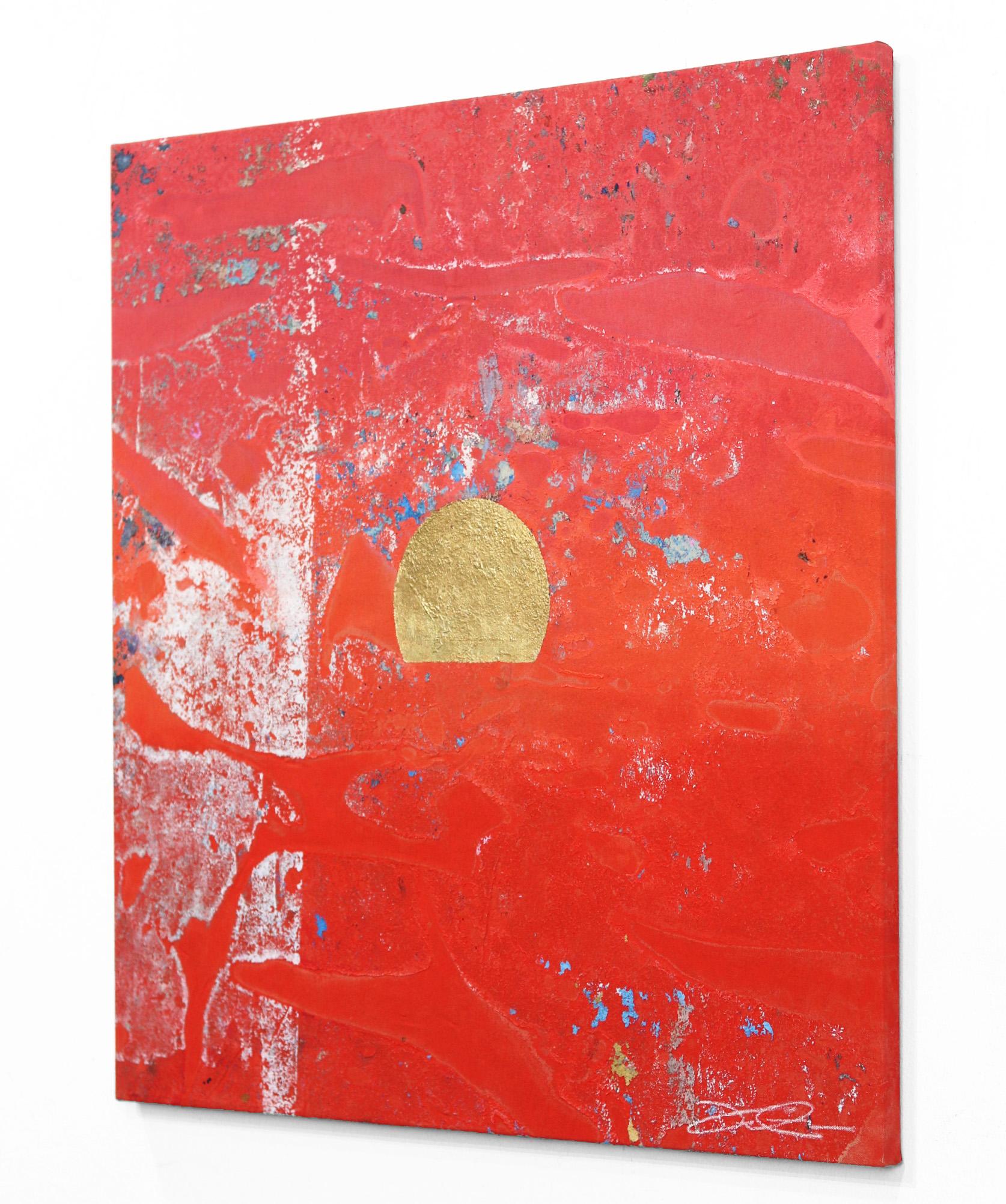 Puesta de sol concreta 1 - Pintura meditativa audaz en rojo hoja de oro sobre lienzo de lino en venta 1