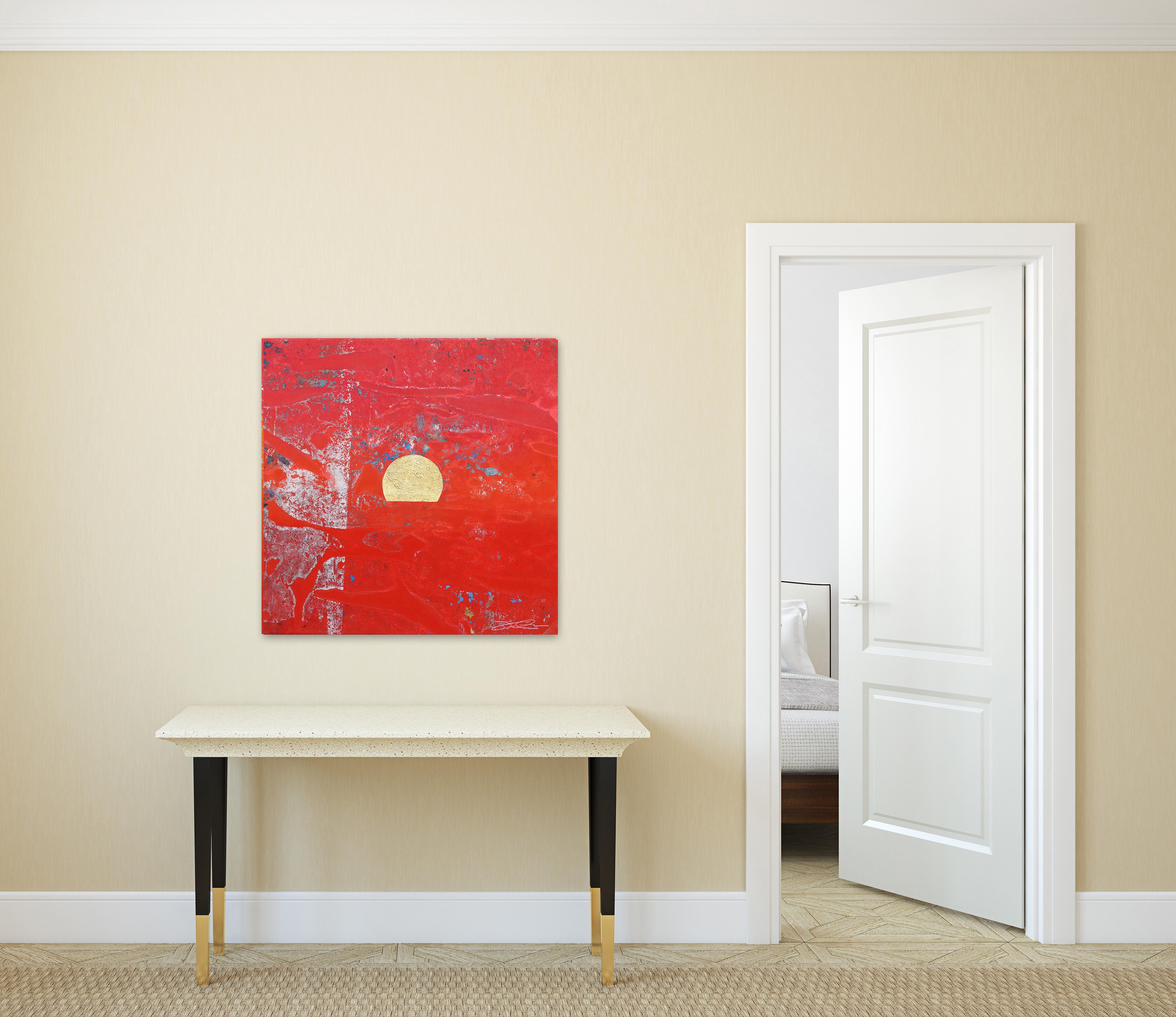 Concrete Sunset 1 - Bold Meditative Gold Leaf Red Painting on Linen Canvas For Sale 1