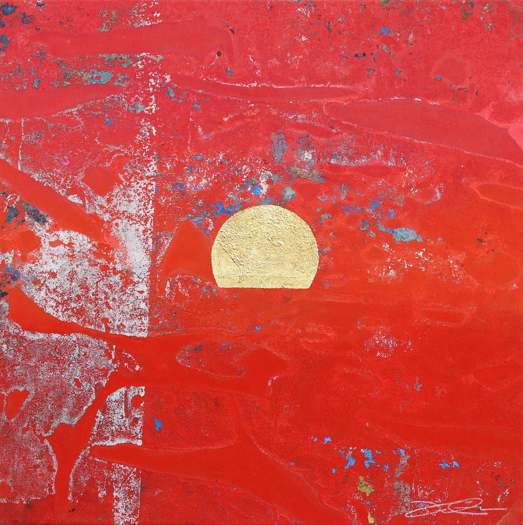 Concrete Sunset 1 - Bold Meditatives rotes Gemälde mit Blattgold auf Leinwand