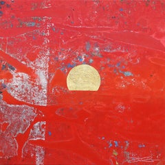 Peinture méditative audacieuse rouge feuille d'or sur toile de lin Sunset 1