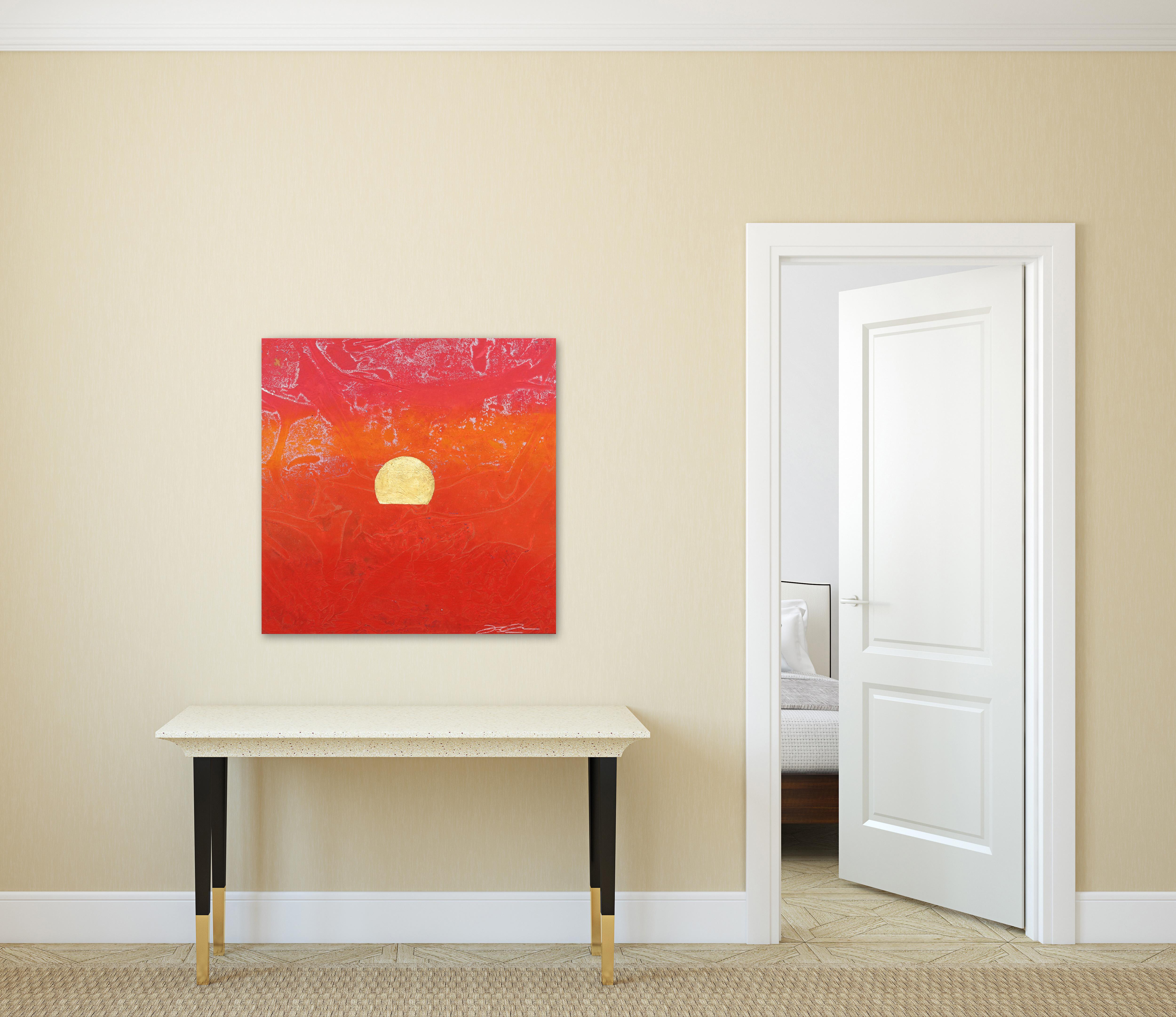 Concrete Sunset 2 - Bold Meditatives rotes Gemälde mit Blattgold auf Leinwand – Painting von Jason DeMeo