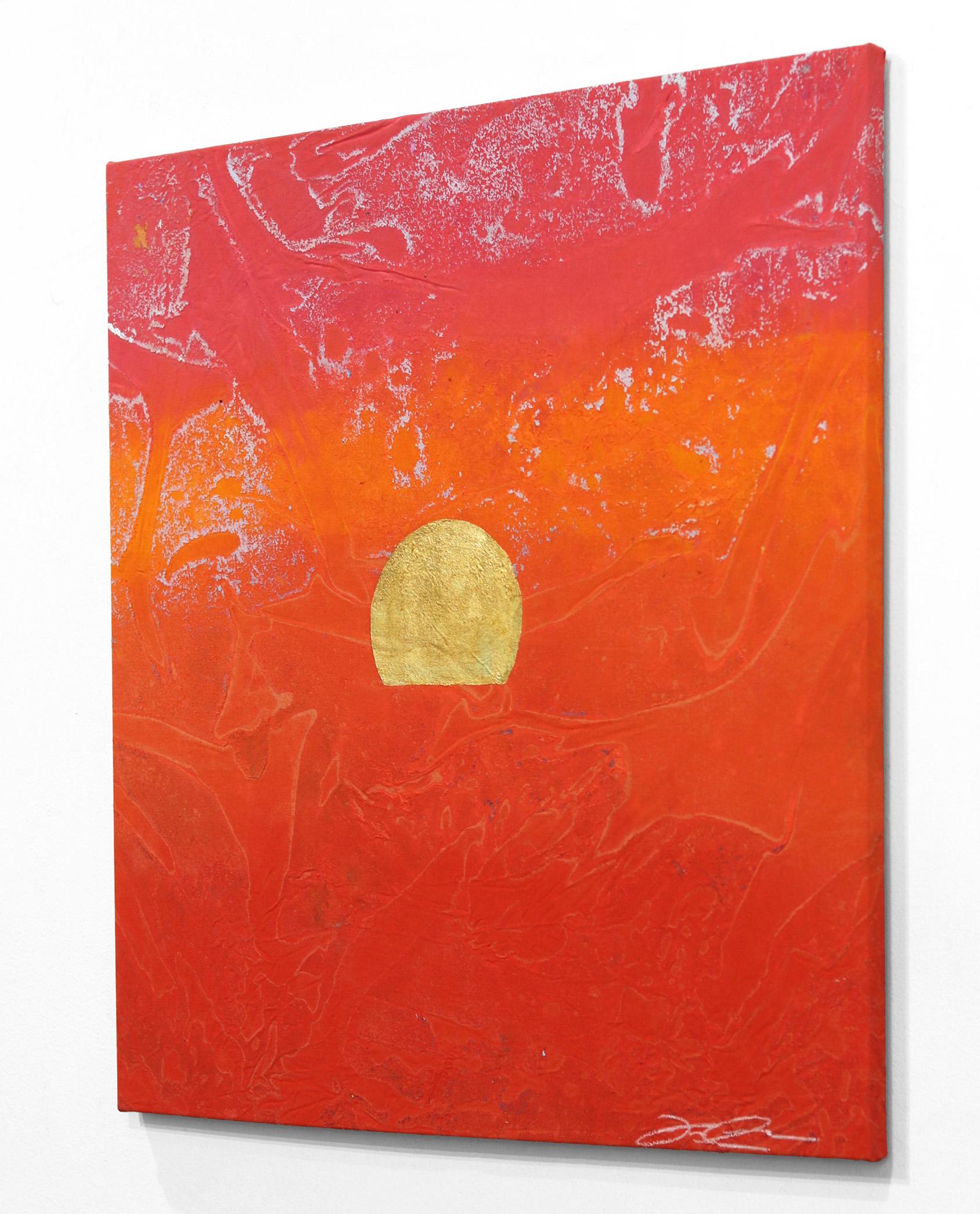 Concrete Sunset 2 - Bold Meditative Gold Leaf Red Painting on Linen Canvas For Sale 1