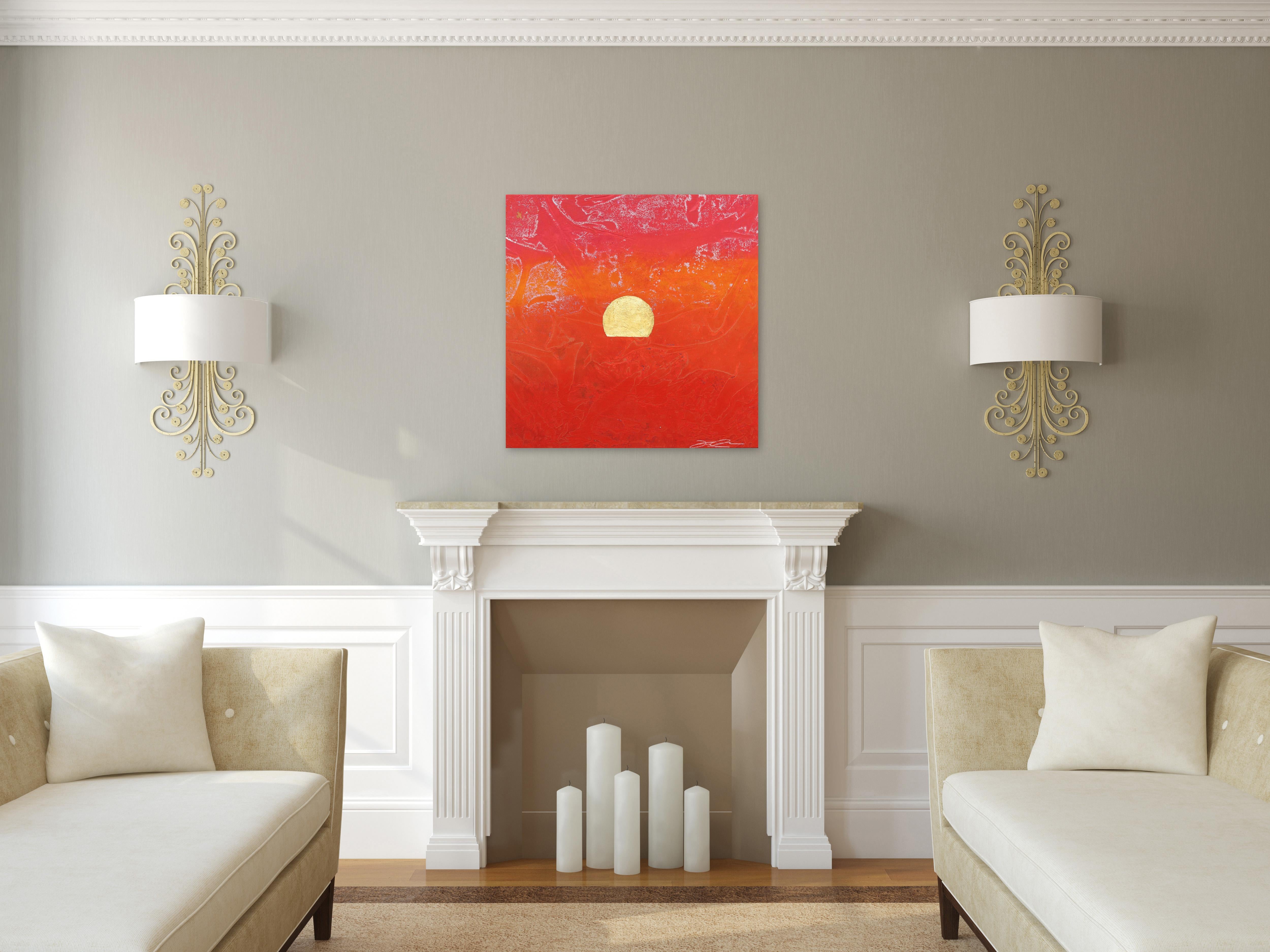 Concrete Sunset 2 - Bold Meditative Gold Leaf Red Painting on Linen Canvas For Sale 3