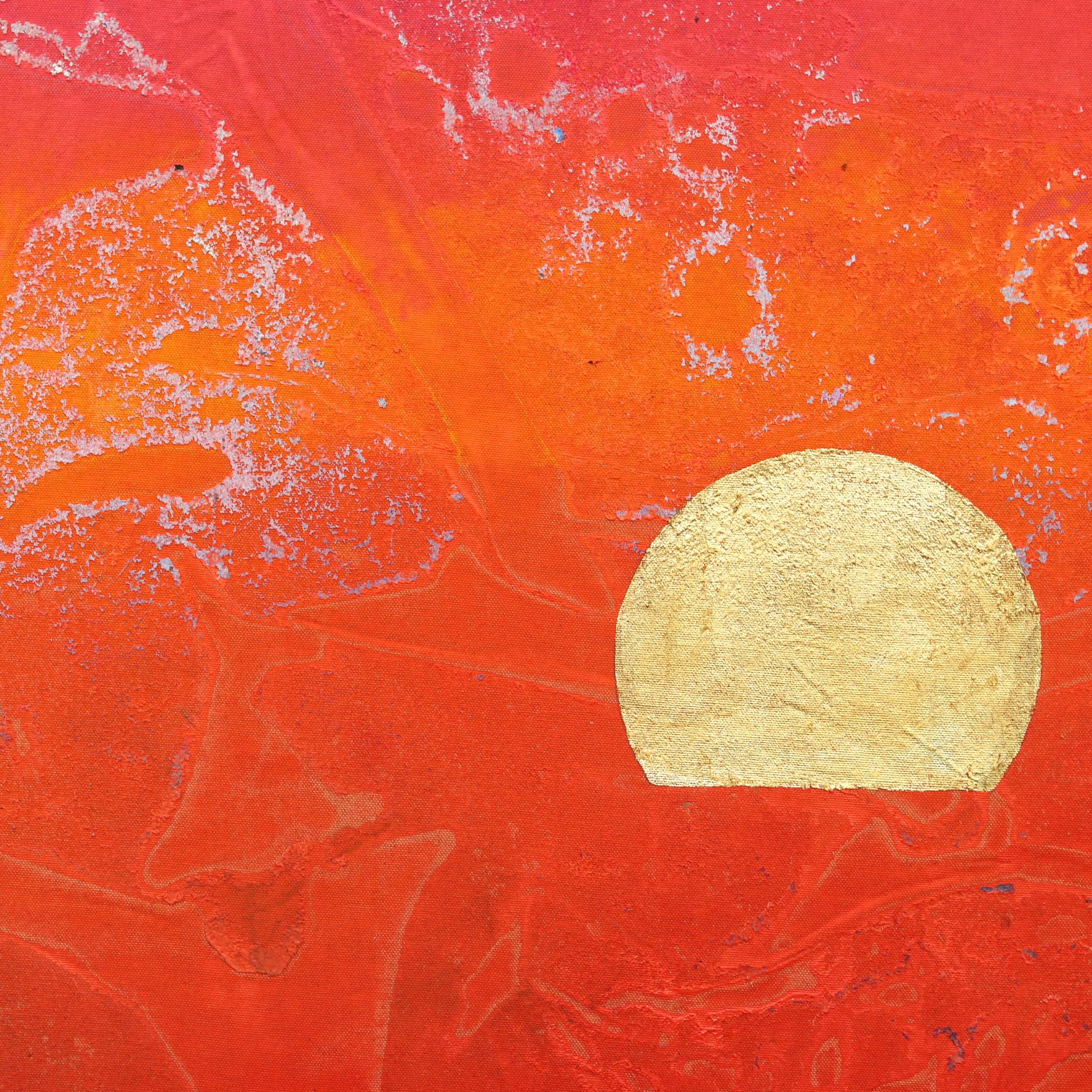 Concrete Sunset 2 - Bold Meditative Gold Leaf Red Painting on Linen Canvas For Sale 6