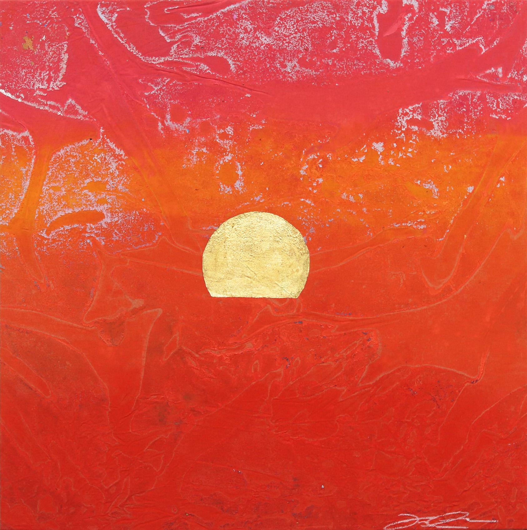 Jason DeMeo Abstract Painting – Concrete Sunset 2 - Bold Meditatives rotes Gemälde mit Blattgold auf Leinwand