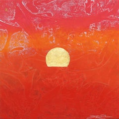 Peinture méditative audacieuse rouge feuille d'or sur toile de lin Sunset 2