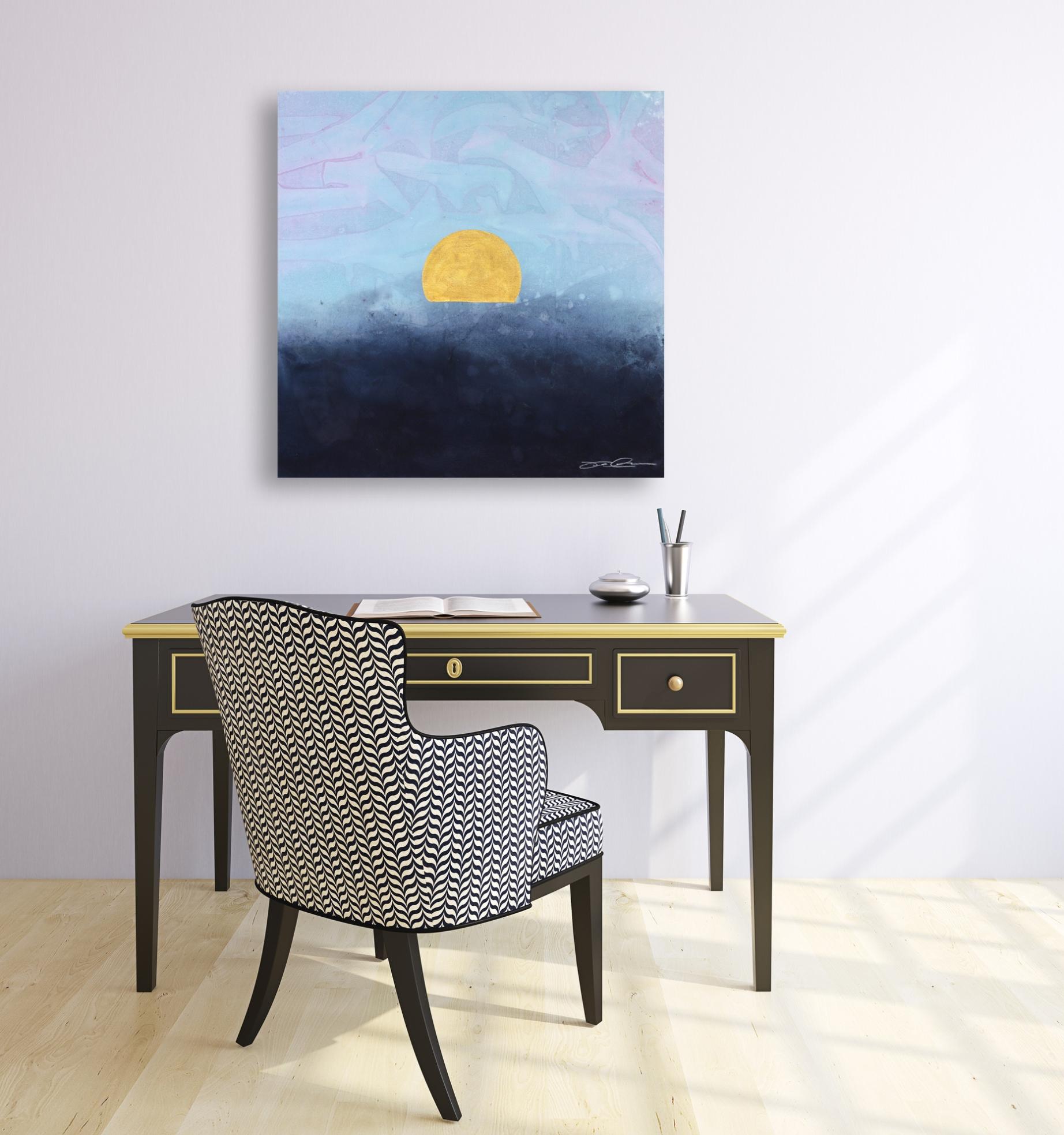 Concrete Sunset Blue I - Bold Meditative Gold Leaf Blue Painting on Linen Canvas For Sale 2