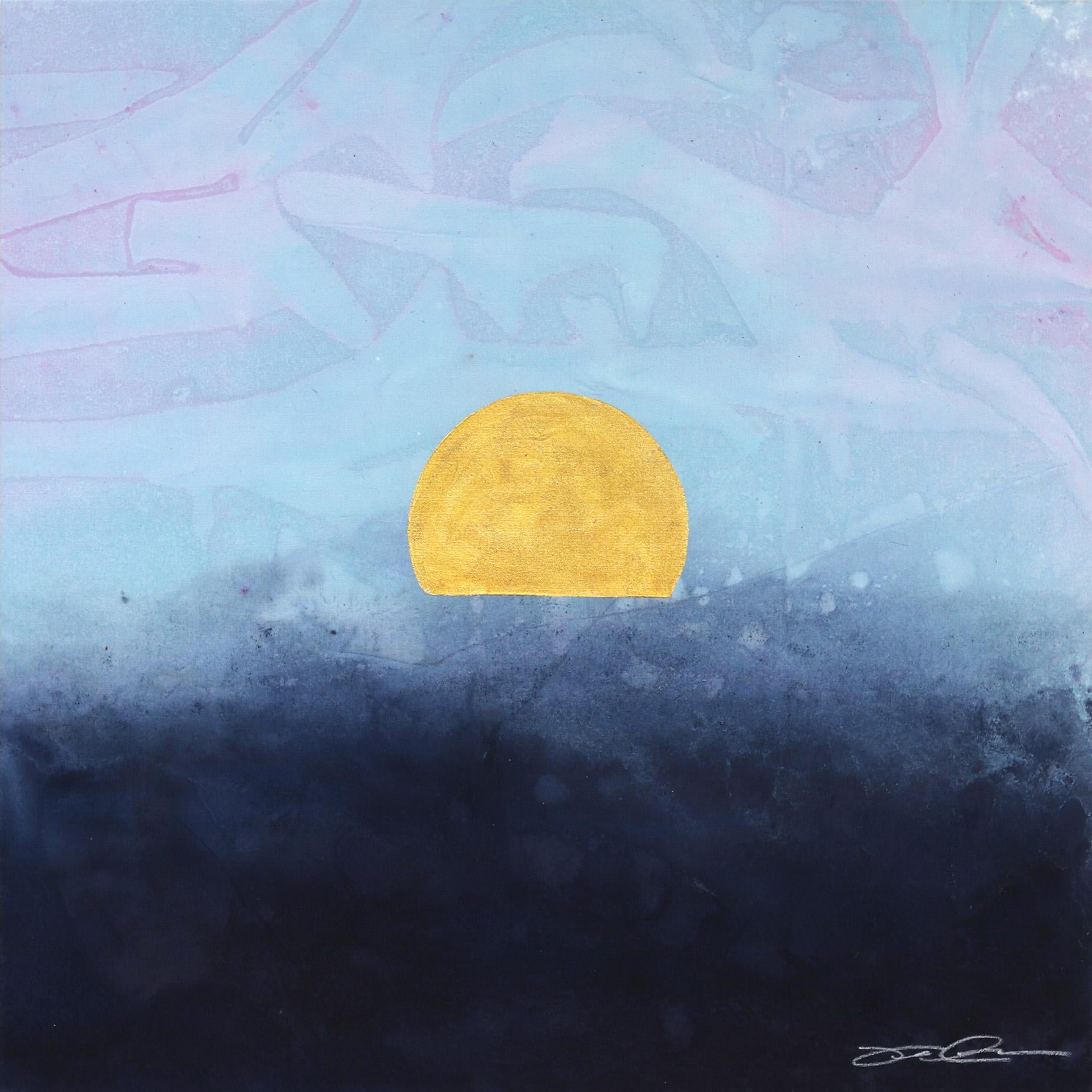 Concrete Sunset Blue I - Bold Meditatives Gemälde mit Blattgoldblauem Gemälde auf Leinwand – Art von Jason DeMeo