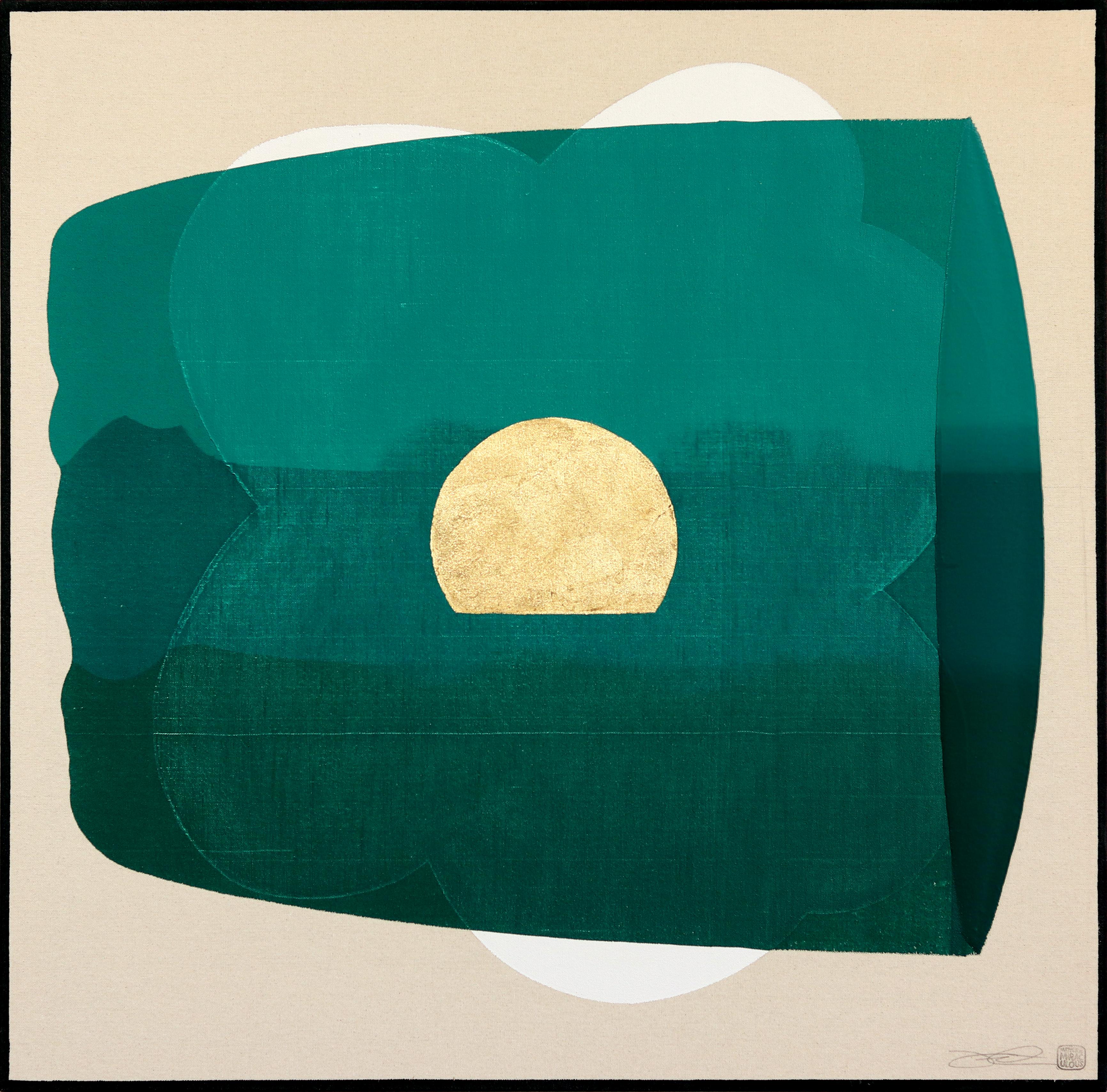 Jason DeMeo Abstract Painting – Eternal Sunsets: Wisdom – Meditatives abstraktes Gemälde in Grün und Gold 
