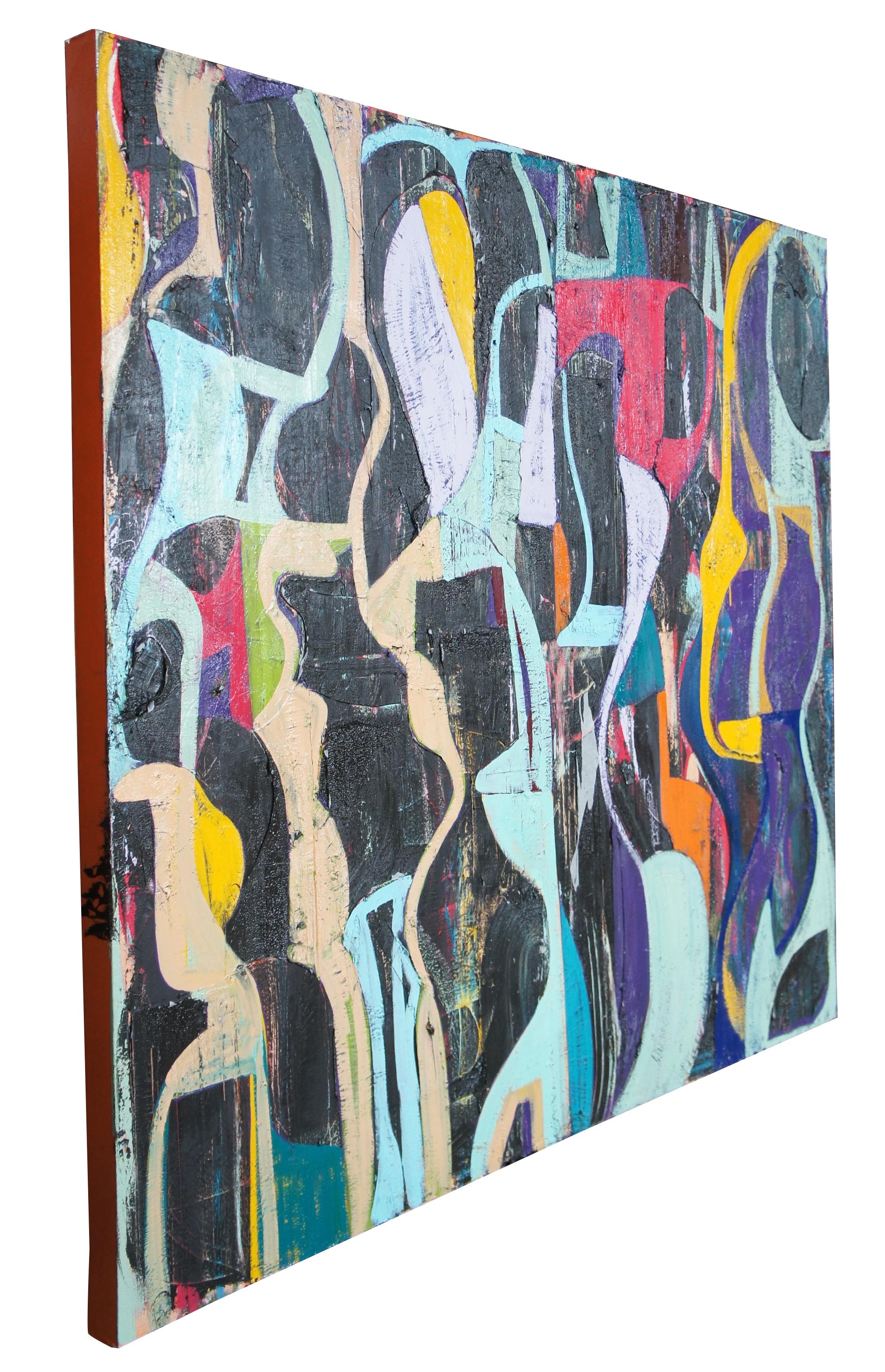 Grande peinture expressionniste moderne abstraite de Jason Fascination. Peint à l'acrylique avec un mélange coloré de teintes vibrantes. Toile montée sur un cadre en bois, peinte sur les côtés. Mesure : 66