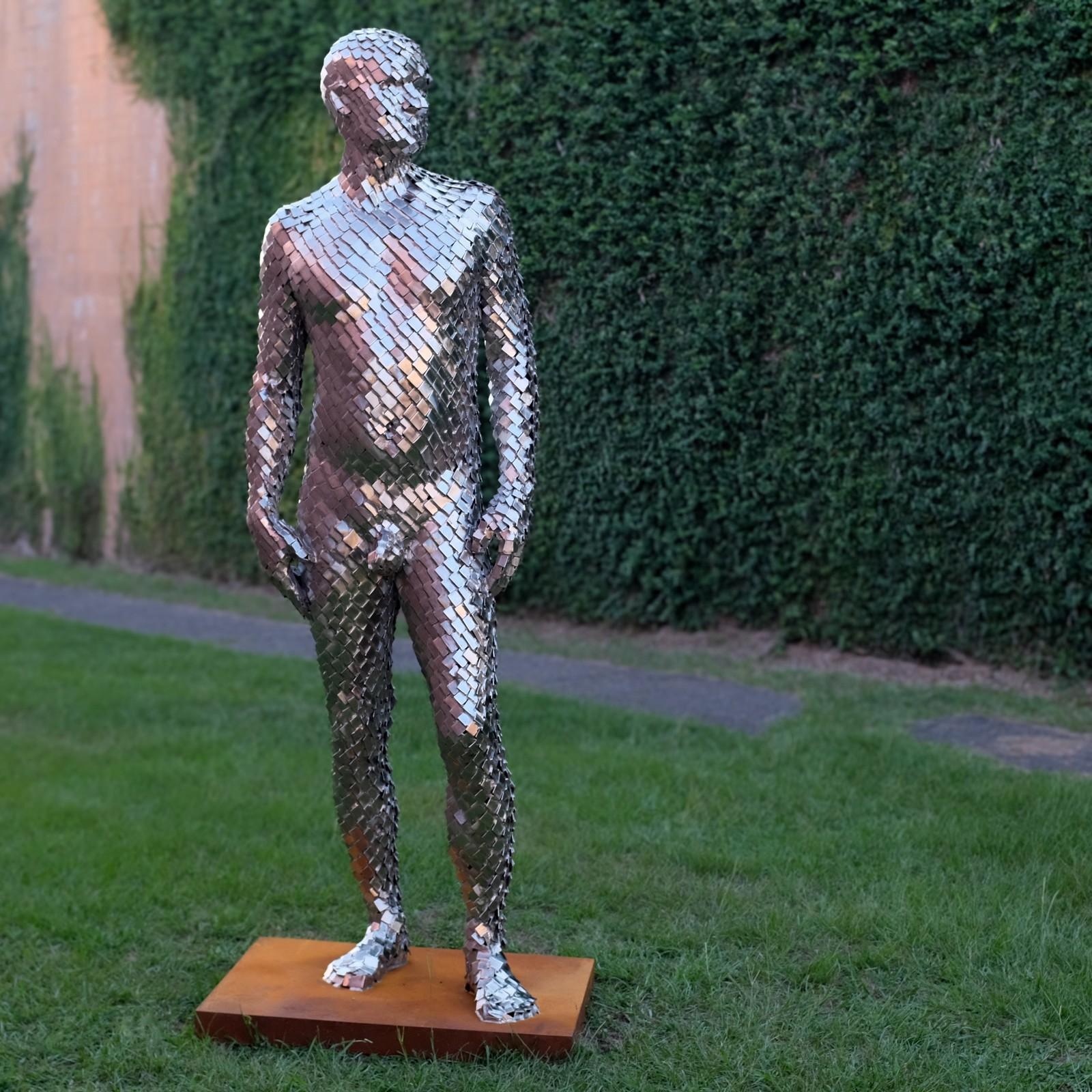 After Bathsheba - large, male nude figure, stainless steel outdoor sculpture - Sculpture by Jason Kimes