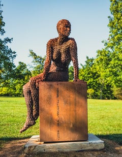 Anticipation - large, rust, female figure, Corten steel outdoor sculpture