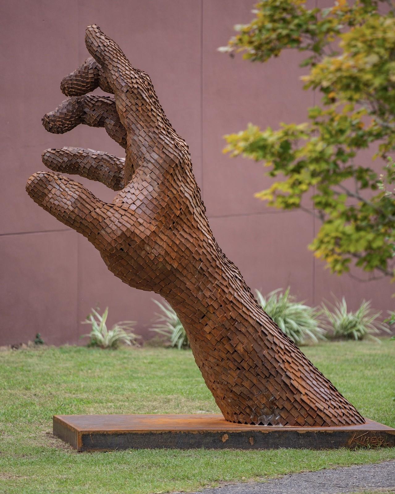 Inverted Left Hand - large, rust, figurative, corten steel outdoor sculpture - Contemporary Sculpture by Jason Kimes