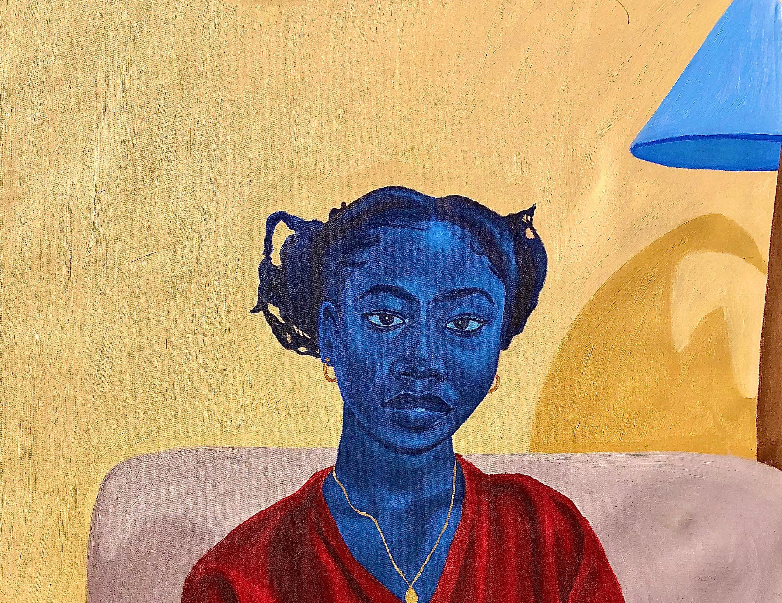 Poltrona Lilla - Pittura figurativa contemporanea del 21° secolo di una donna in rosso - Painting di Jason Langa