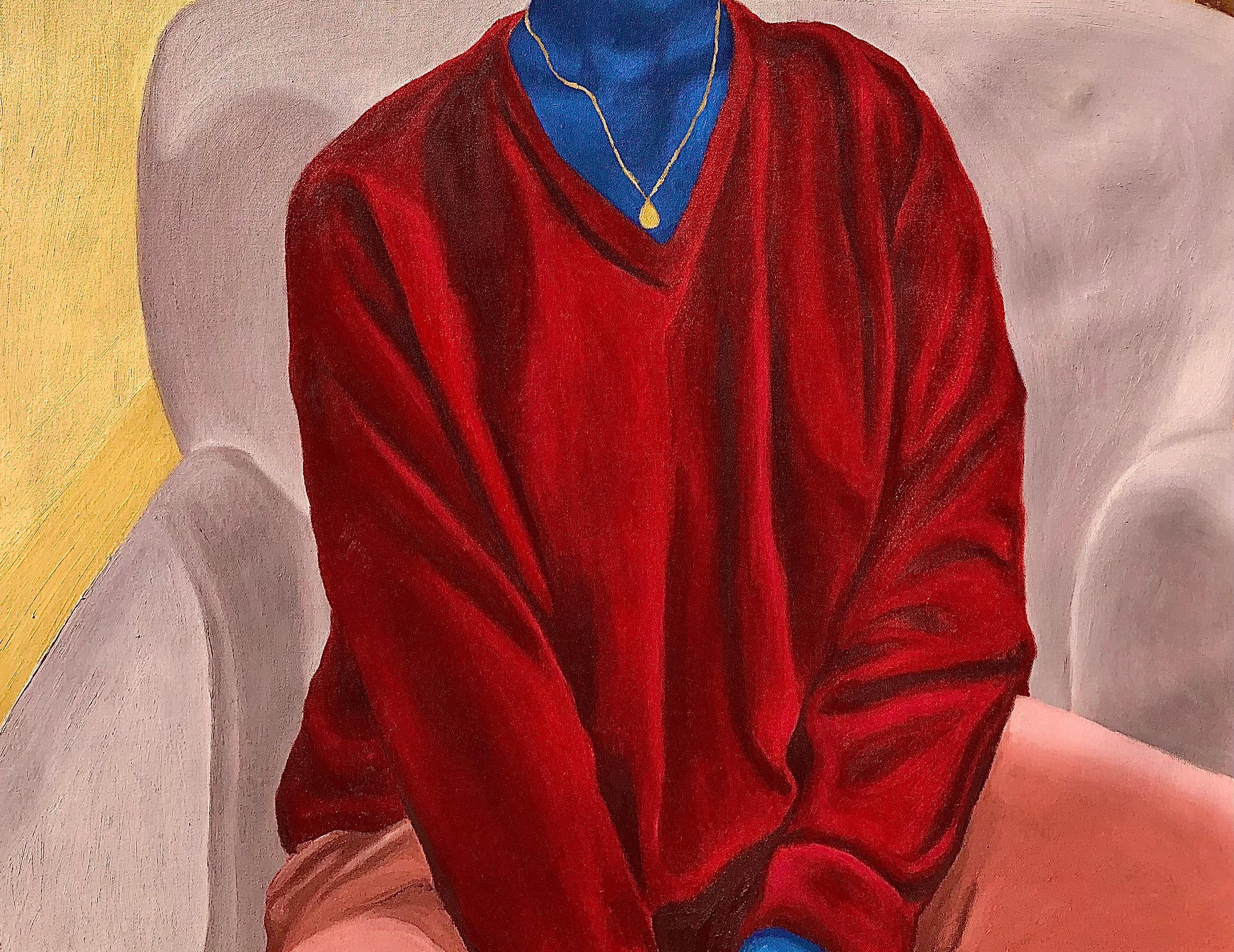 Poltrona Lilla - Pittura figurativa contemporanea del 21° secolo di una donna in rosso - Painting Contemporaneo di Jason Langa