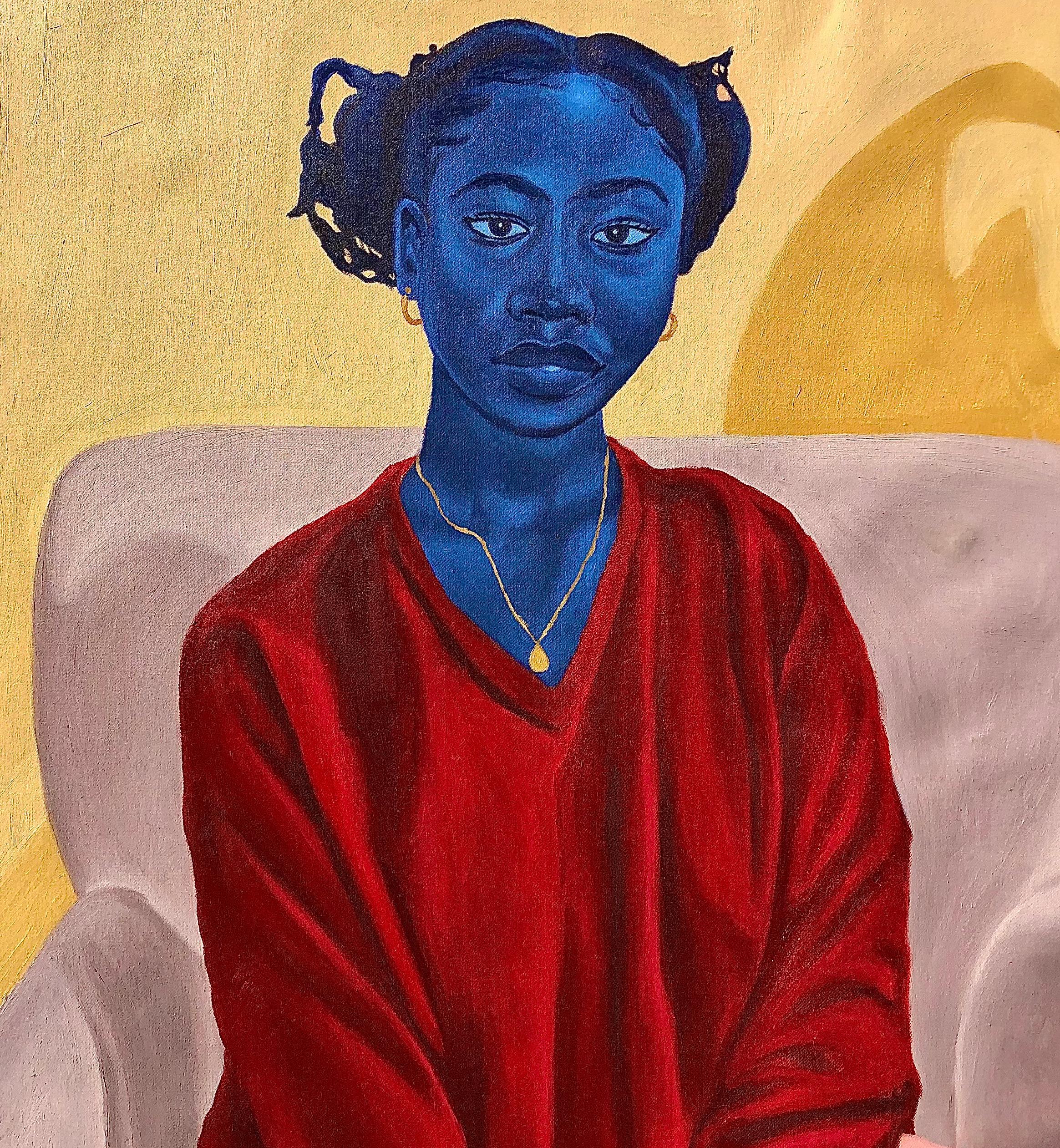 Poltrona Lilla - Pittura figurativa contemporanea del 21° secolo di una donna in rosso - Figurative Painting Arancia di Jason Langa