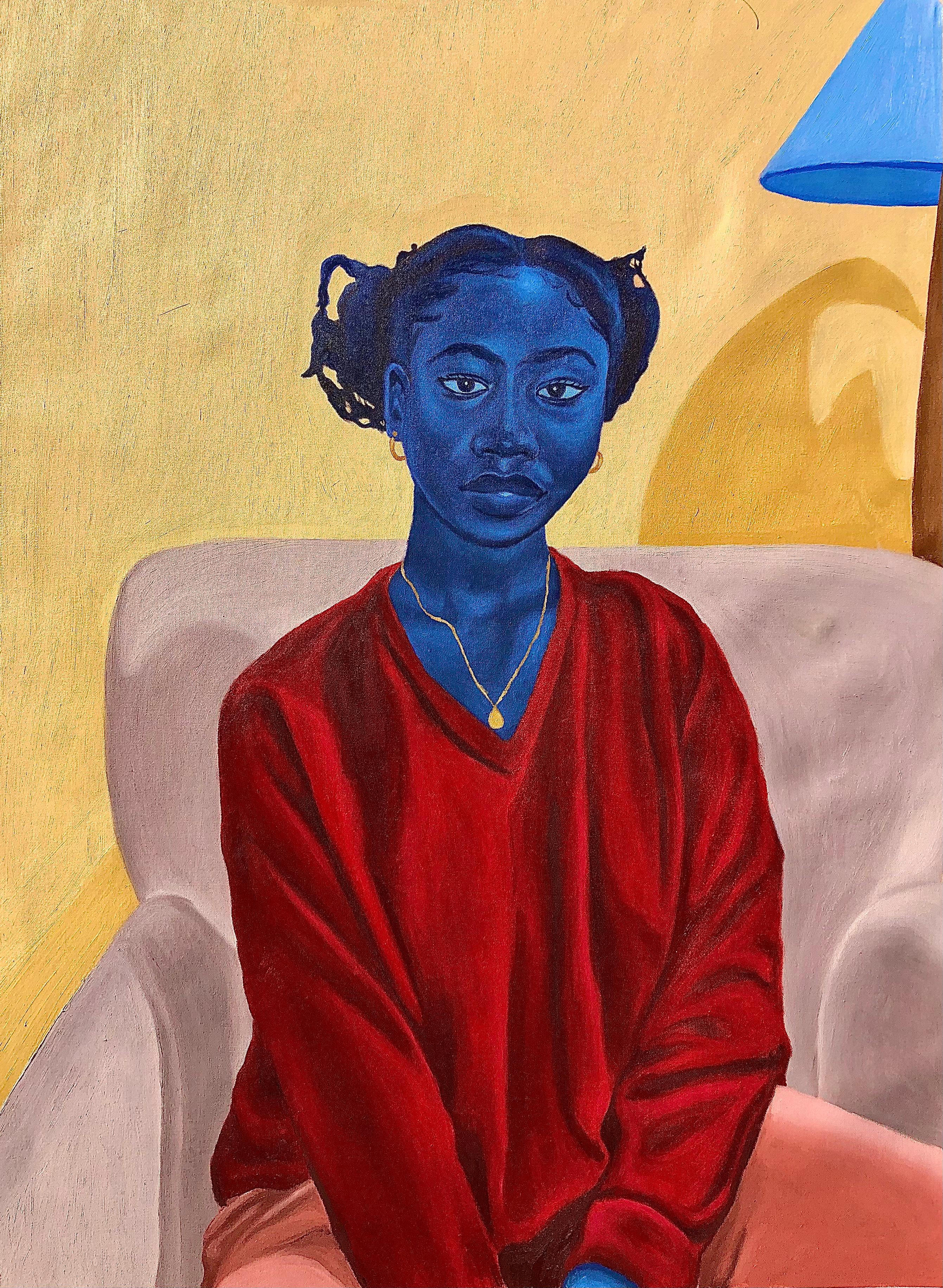 Figurative Painting di Jason Langa - Poltrona Lilla - Pittura figurativa contemporanea del 21° secolo di una donna in rosso