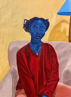 Sillón Lila - Pintura figurativa contemporánea del siglo XXI de una mujer vestida de rojo