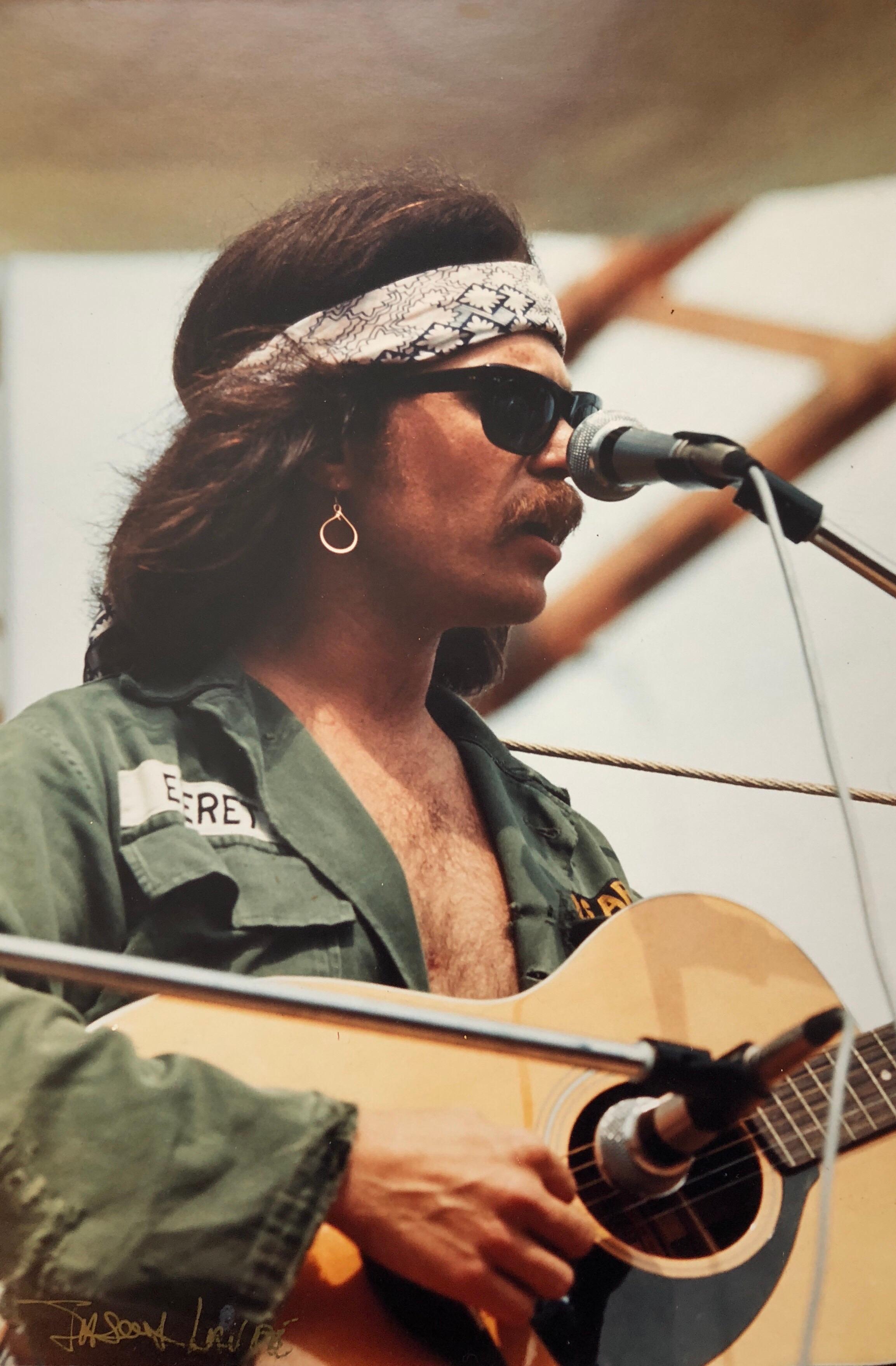 Original Hand Signed Rock & Roll Photograph Woodstock Country Joe Macdonald - Brown Figurative Photograph by Jason Laure